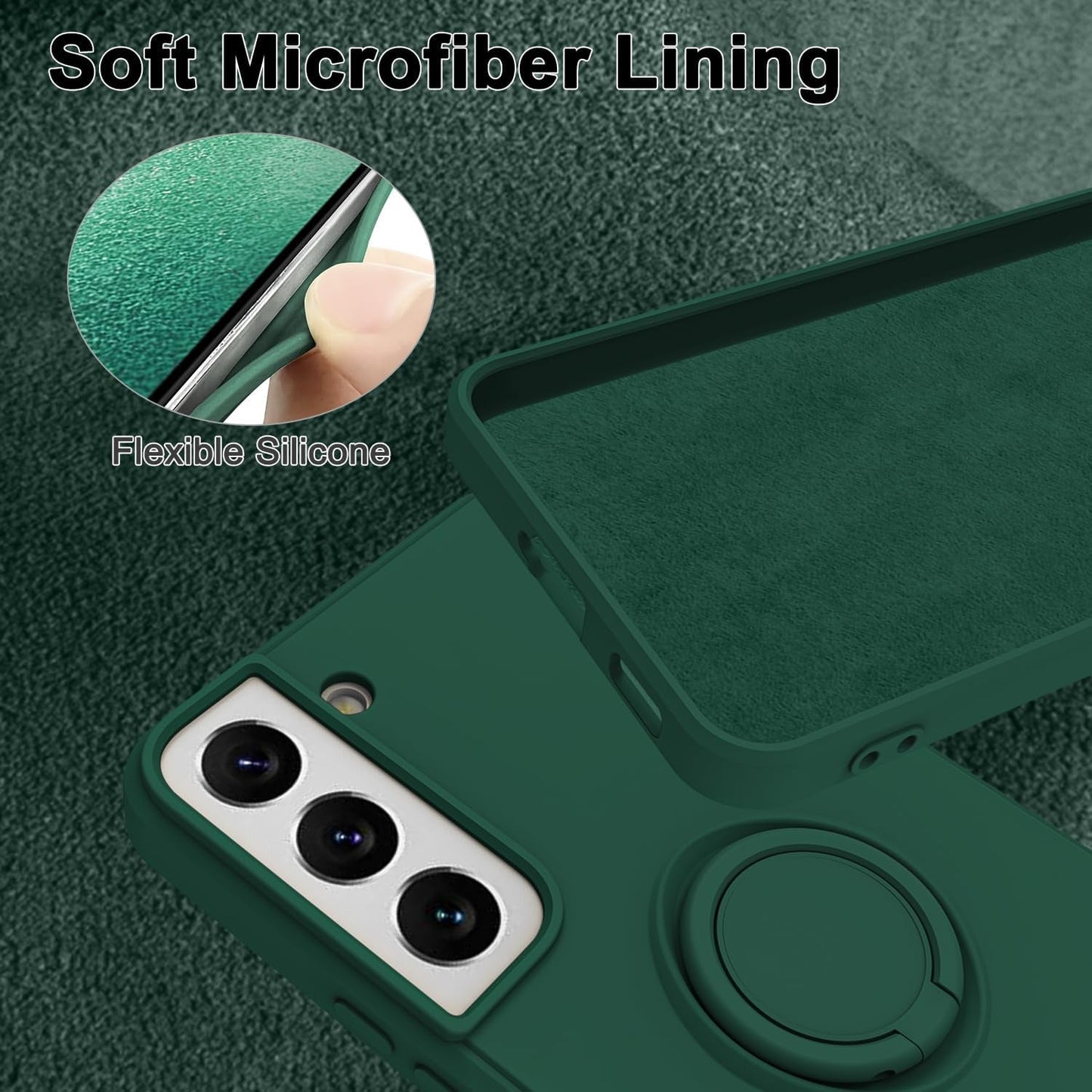 For Samsung Galaxy S22 plus Case with Magnetic Ring Holder [Premium Soft Liquid Silicone & Anti-Scratch Microfiber Liner] Slim Kickstand Protective Phone Case for Galaxy S22+ Dark Green