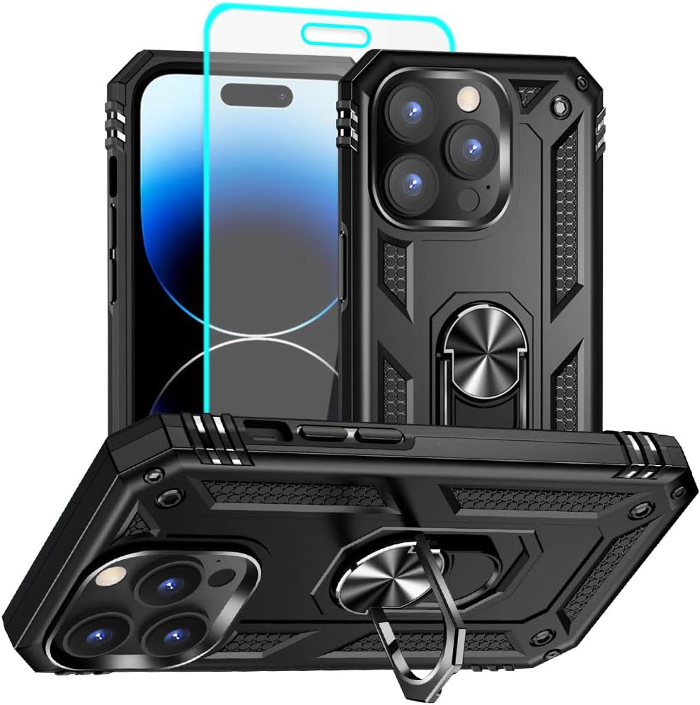 Aozuoton for Iphone 14 Pro Case, Iphone 14 Pro Phone Case with HD Screen Protector, [Military Grade 16Ft. Drop Tested] Ring Shockproof Protective Phone Case for Iphone 14 Pro,Black  Yanmen Iphone 14 Pro Case Black  