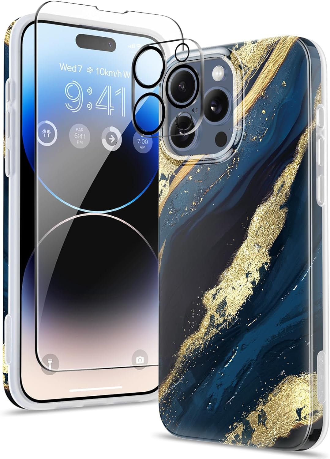 GVIEWIN for Iphone 15 Pro Case with Screen Protector+Camera Lens Protector, [Military Grade Drop Protection] Slim Marble Design Soft TPU Protective Phone Cover for 15 Pro 6.1" (Flowing Sand/Ink)  GVIEWIN Golden River/Blue  
