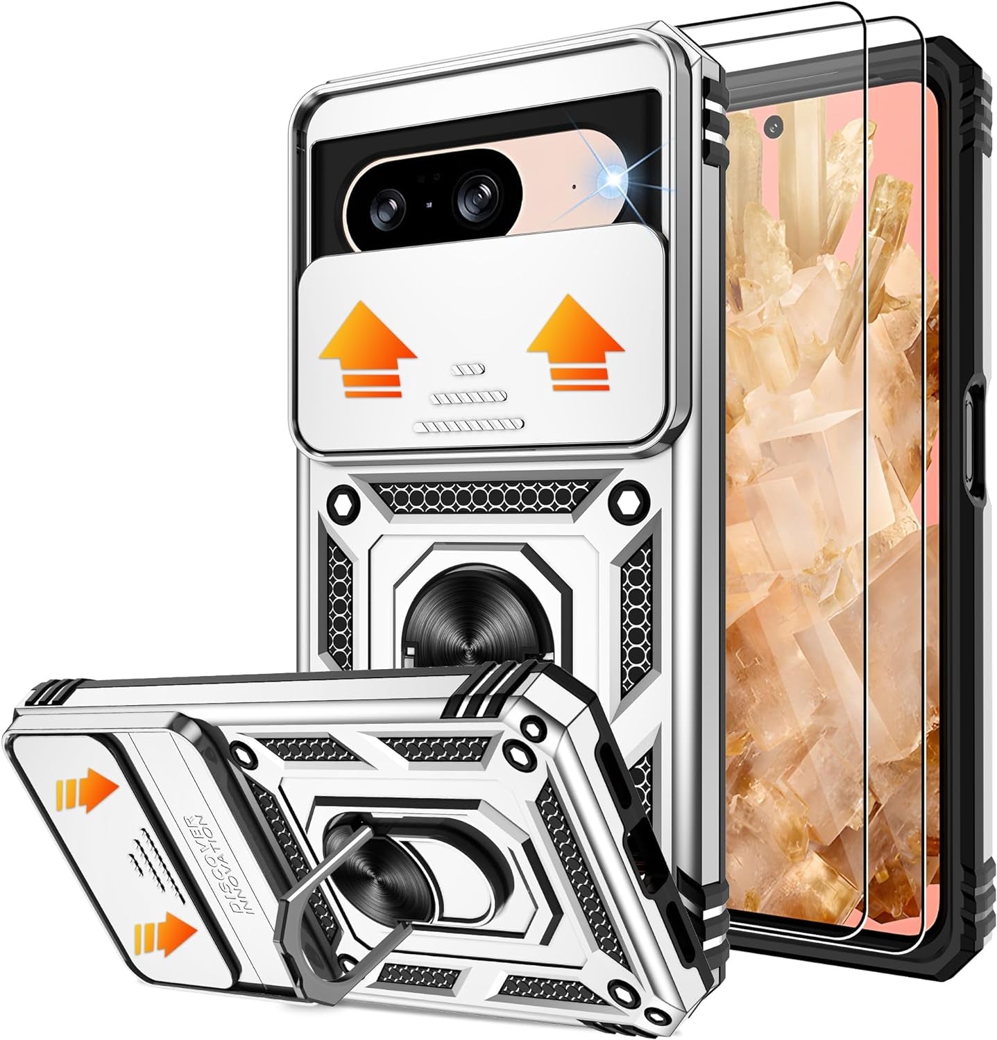 Fit for Google Pixel 8 5G Case with Screen Protector (2 Pack) & Slide Camera Cover, Build in 360° Magnetic Rotating Ring Kickstand [Military Grade] Protective Case for Pixel 8 Case, Green  Gritup Silver Google Pixel 8 6.2" 