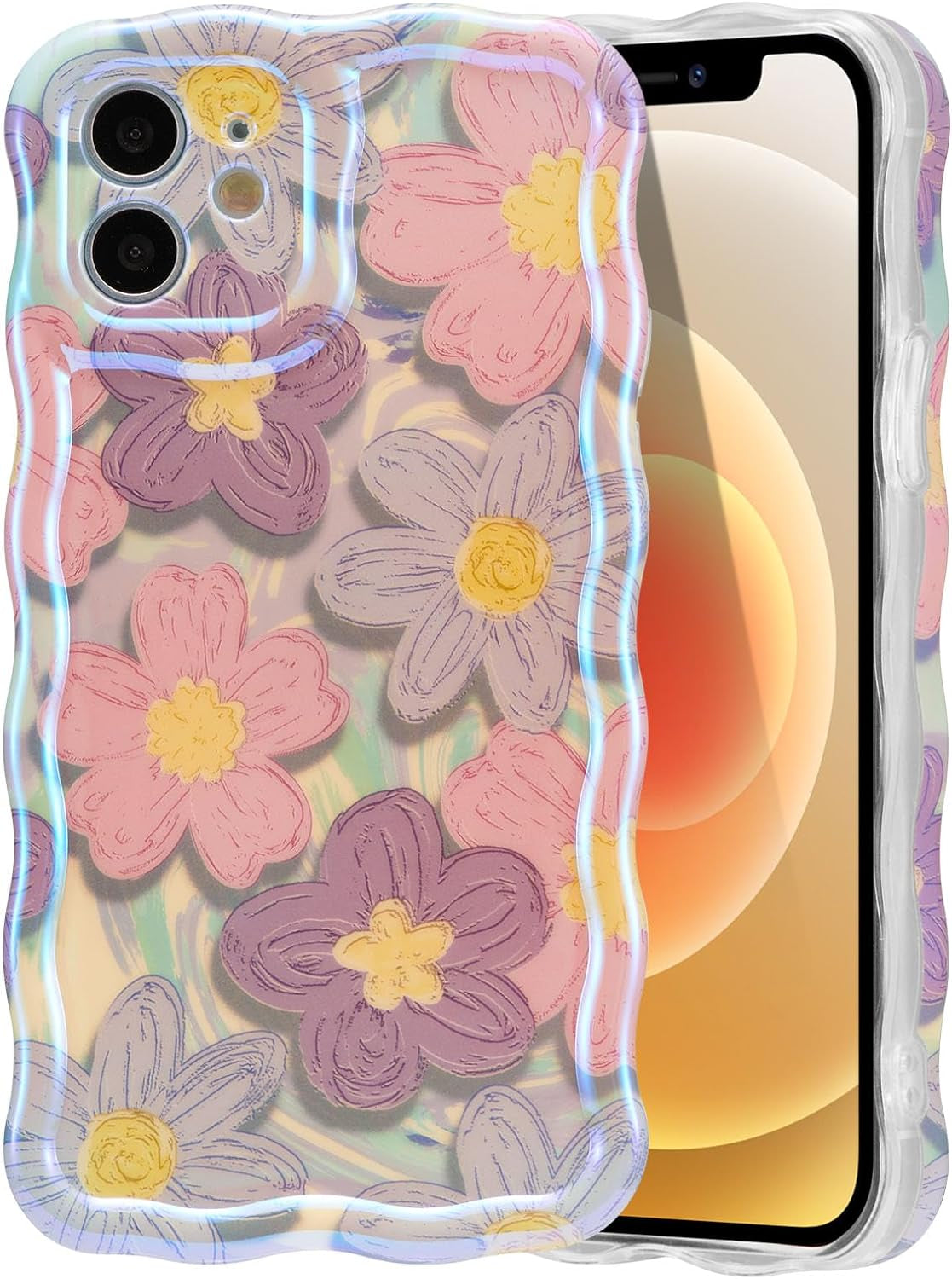 EYZUTAK Case for Iphone 14 Pro, Colorful Retro Oil Painting Flower Leaf Laser Glossy Pattern Cute Curly Wave Edge Exquisite Phone Cover Stylish Durable TPU Protective Case for Girls Women - Blue Green  EYZUTAK   