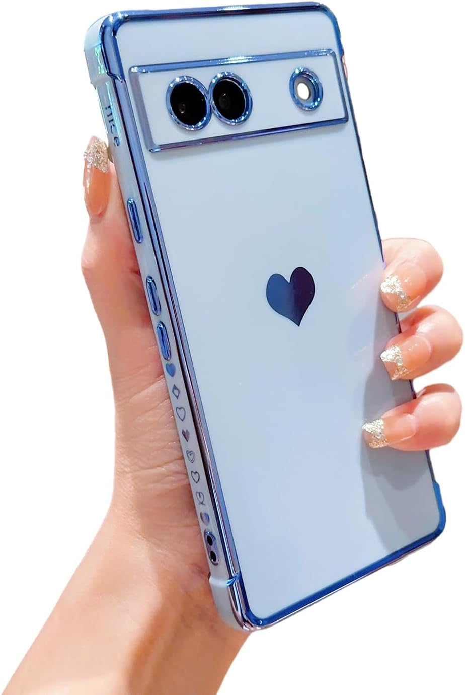Phylla Compatible with Google Pixel 7A 6.1” 5G Phone Case Luxury Plating Cute Love Heart Side Small Pattern Case Full Camera Protection Soft Silicone Shockproof Bumper Cover (Blue)  PHYLLA Blue  