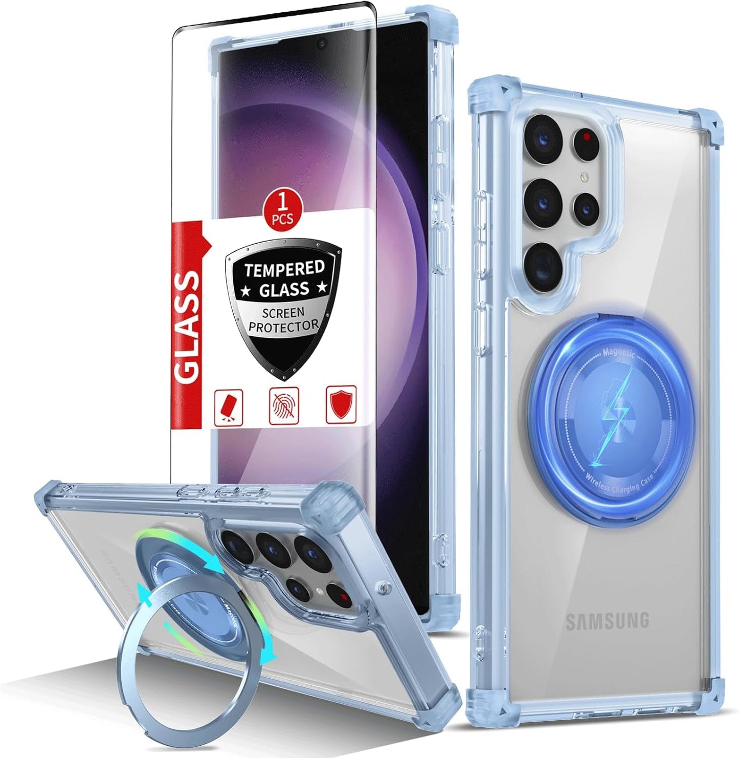 For Samsung Galaxy S22 Ultra Case Magnetic Compatible with Magsafe Galaxy S22Ultra Case with Glass Screen Protector,With Kickstand Military Grade Drop Protection Shockproof S22Ultra Case Clear