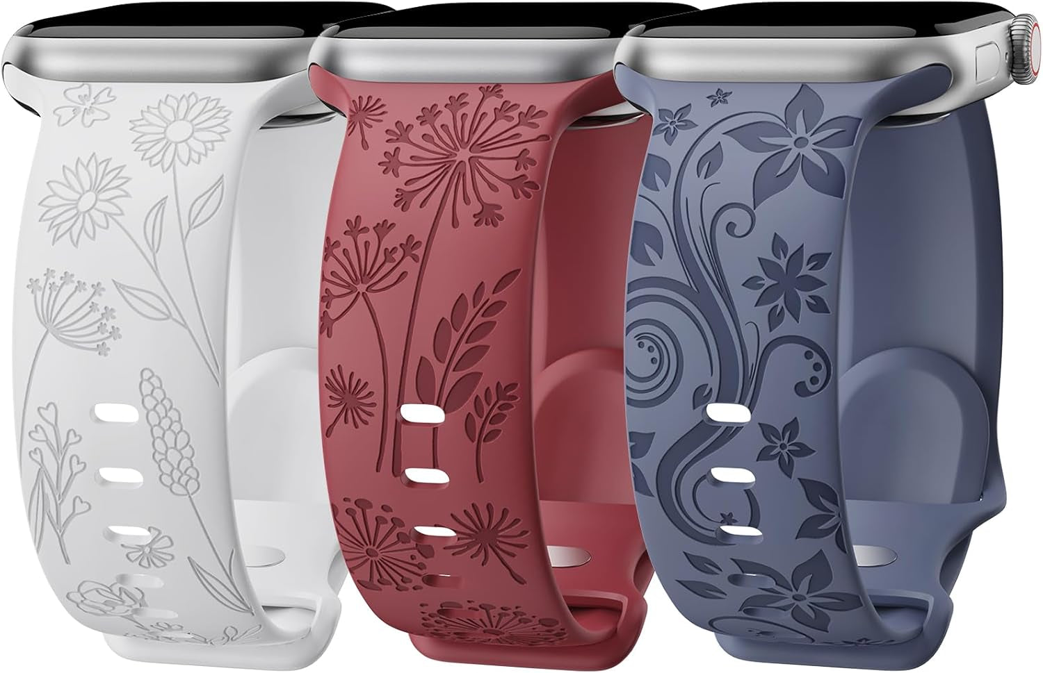 3 Pack Floral Engraved Bands Compatible with Apple Watch Band for Women 38Mm 40Mm 41Mm 42Mm 44Mm 45Mm 49Mm, Cute Flower Laser Pattern Soft Silicone Strap for Iwatch Series Ultra SE 9 8 7 6 5 4 3 2 1
