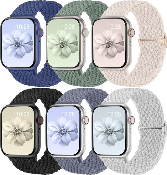 6 Pack Braided Stretchy Bands Compatible with Apple Watch Band 38Mm 40Mm 41Mm 42Mm 44Mm 45Mm 49Mm Women Men, Adjustable Soft Nylon Strap for Iwatch Series 9 8 7 6 5 4 3 2 1 SE Ultra/Ultra 2