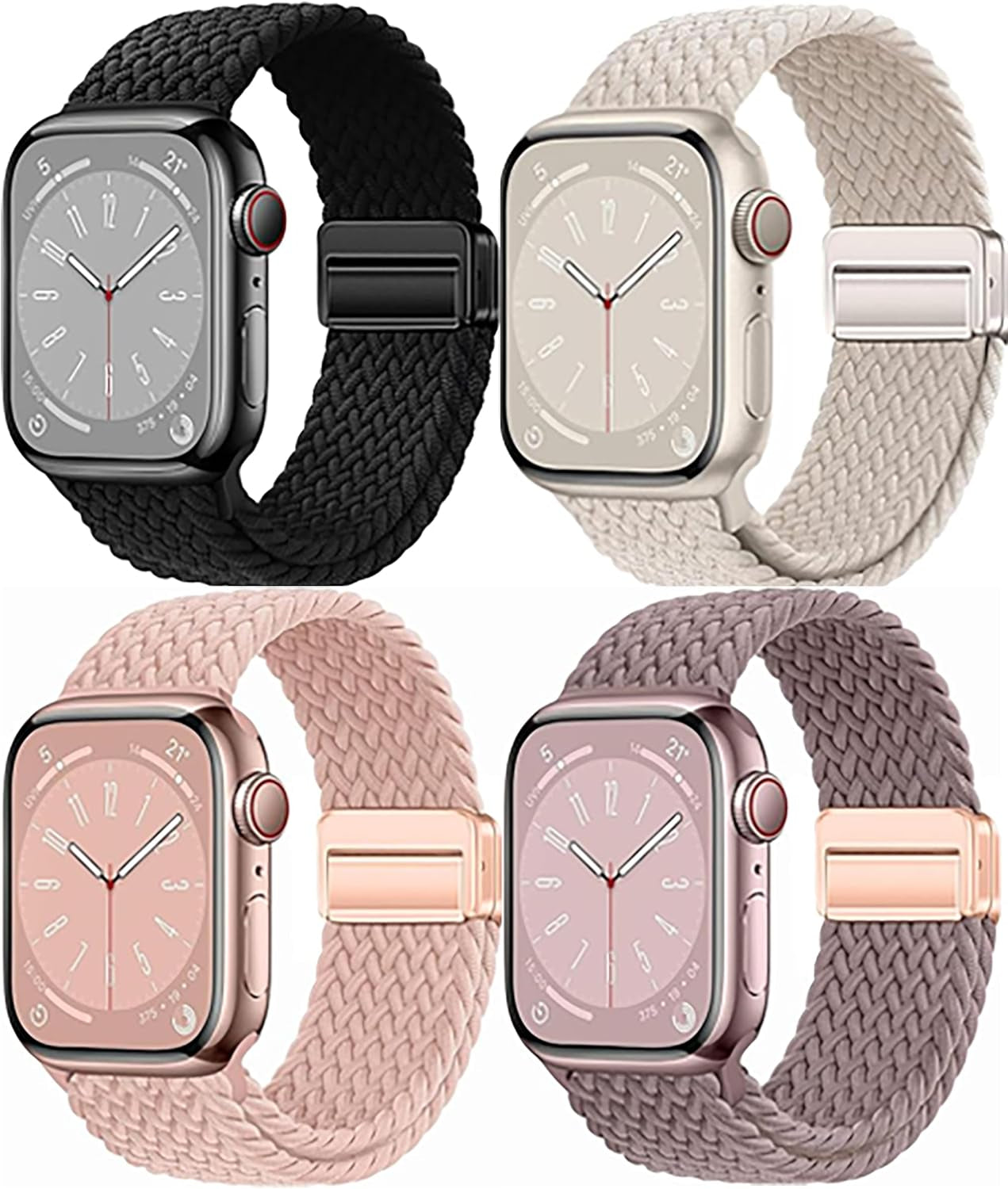 4 Pack Braided Magnetic Band Compatible with Apple Watch Women Men Kids 49Mm 45Mm 44Mm 42Mm 41Mm 40Mm 38Mm, Stretchy Nylon Sport Loop Strap for Iwatch Ultra 2/1 Series 9 8 SE 7 6 5 4 3 2 1