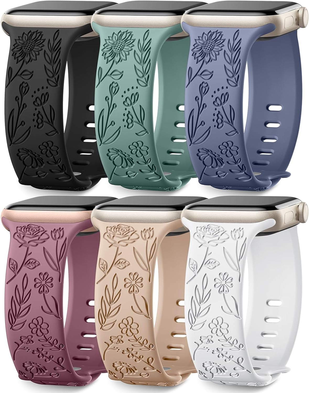 6 Pack Floral Engraved Bands Compatible with Apple Watch Band 44Mm 40Mm 38Mm 41Mm 45Mm 49Mm 42Mm Women, Soft Silicone Cute Flower Pattern Sport Strap for Iwatch Bands Series Ultra Ultra 2 SE 9 8 7 6 5 4 3 2 1