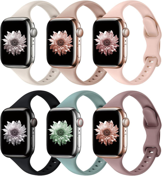 6 Pack Bands for Apple Watch Band 41Mm 40Mm 38Mm 44Mm 45Mm 42Mm 49Mm Ultra 2 Women Men Slim Thin Narrow Silicone Soft Sport Strap Wristband for Iwatch Series 9/8/7/SE/6/5/4/3/2/1