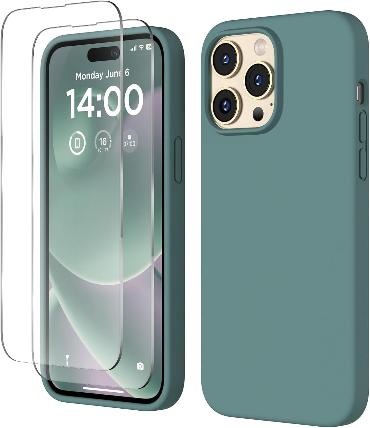 COFFKER Designed for Iphone 14 Pro Max Case, Liquid Silicone Case [2X Screen Protectors], Shockproof Slim Thin Protective Phone Case with Soft Anti-Scratch Microfiber Lining, 6.7 Inch, Calke Green  COFFKER Pine Green  