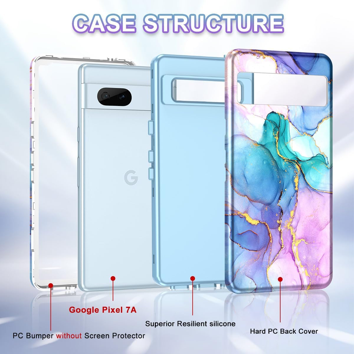 Btscase for Google Pixel 7A Case, [5 in 1] with 2 Pack Screen Protector + 2 Pack Camera Lens Protector, Marble Pattern Full Body Three Layer Rugged Shockproof Protective Cover (2023), Blue Pink  Btscase   