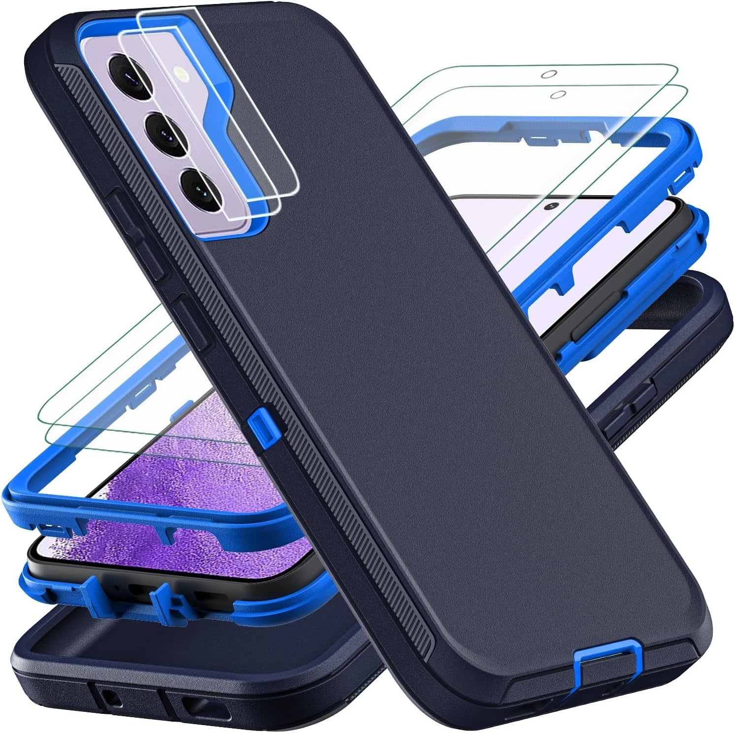 For Samsung Galaxy S22 Case, with 2Pcs [Self Healing Flexible TPU Screen Protector & Camera Lens Protector] Military Grade 3 in 1 Heavy Duty Case for Galaxy S22 5G 6.1 Inch (Purple/Pink)