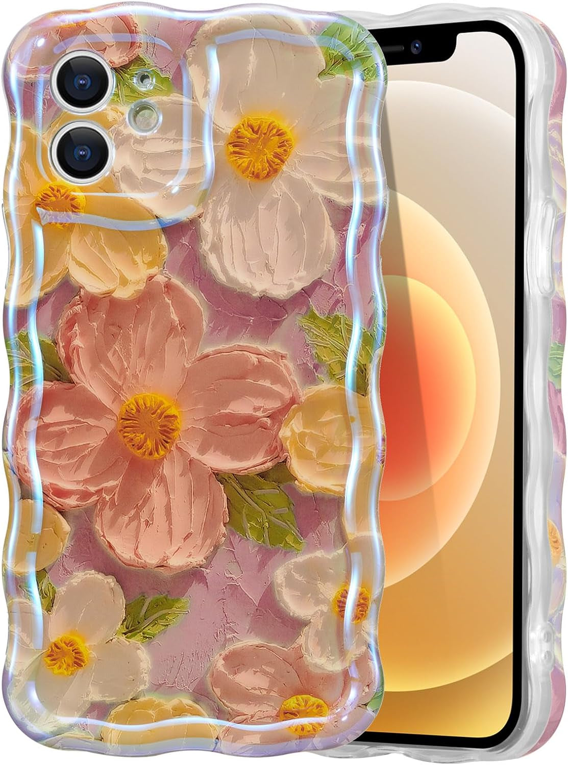 EYZUTAK Case for Iphone 14 Pro, Colorful Retro Oil Painting Flower Leaf Laser Glossy Pattern Cute Curly Wave Edge Exquisite Phone Cover Stylish Durable TPU Protective Case for Girls Women - Blue Green  EYZUTAK   