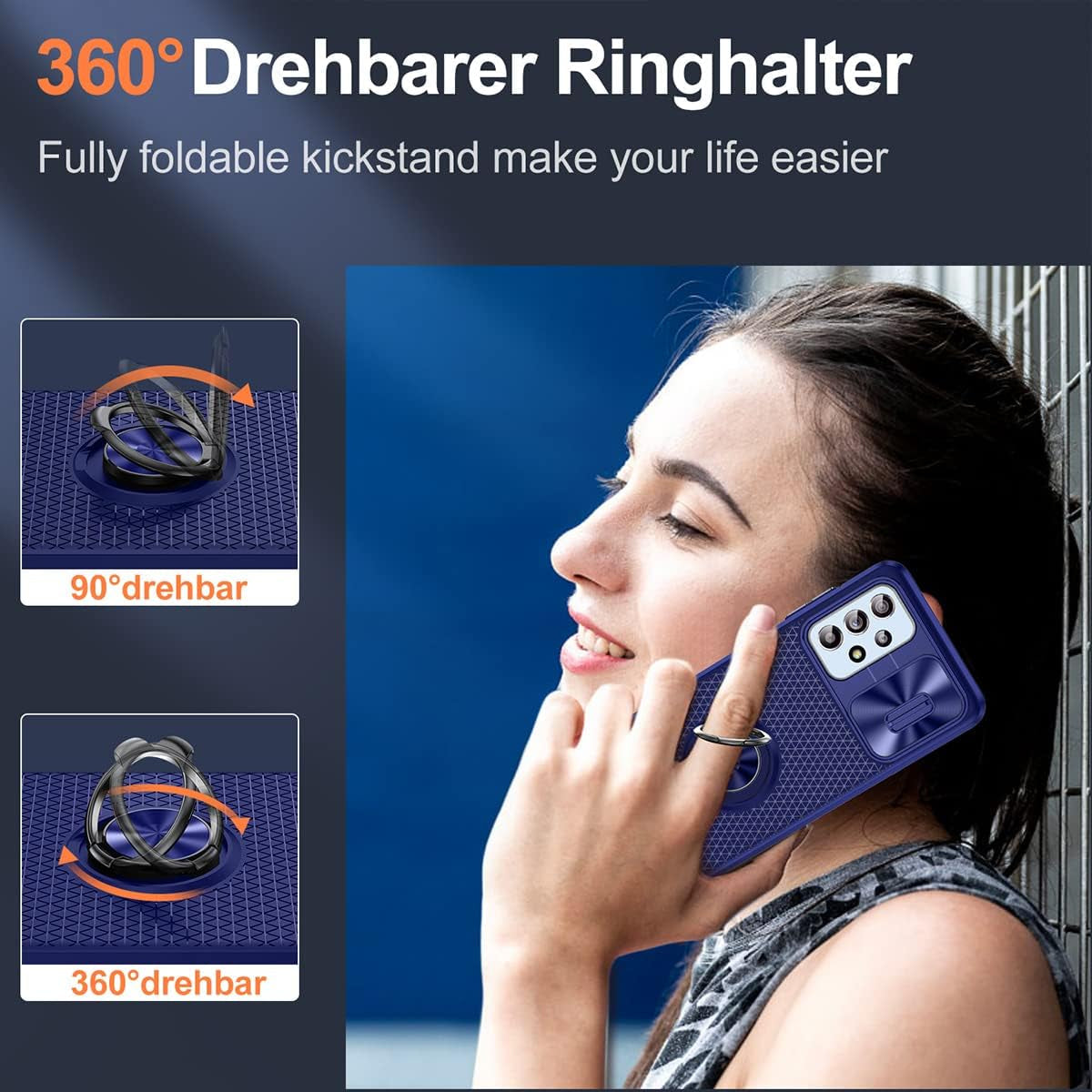 Design for Samsung Galaxy A53 5G Phone Case with Screen Protector + Slide Camera Protection Cover + Ring Holder Stand, Built-In Magnetic Kickstand Shockproof Protective Phone Cases for Women Men Blue