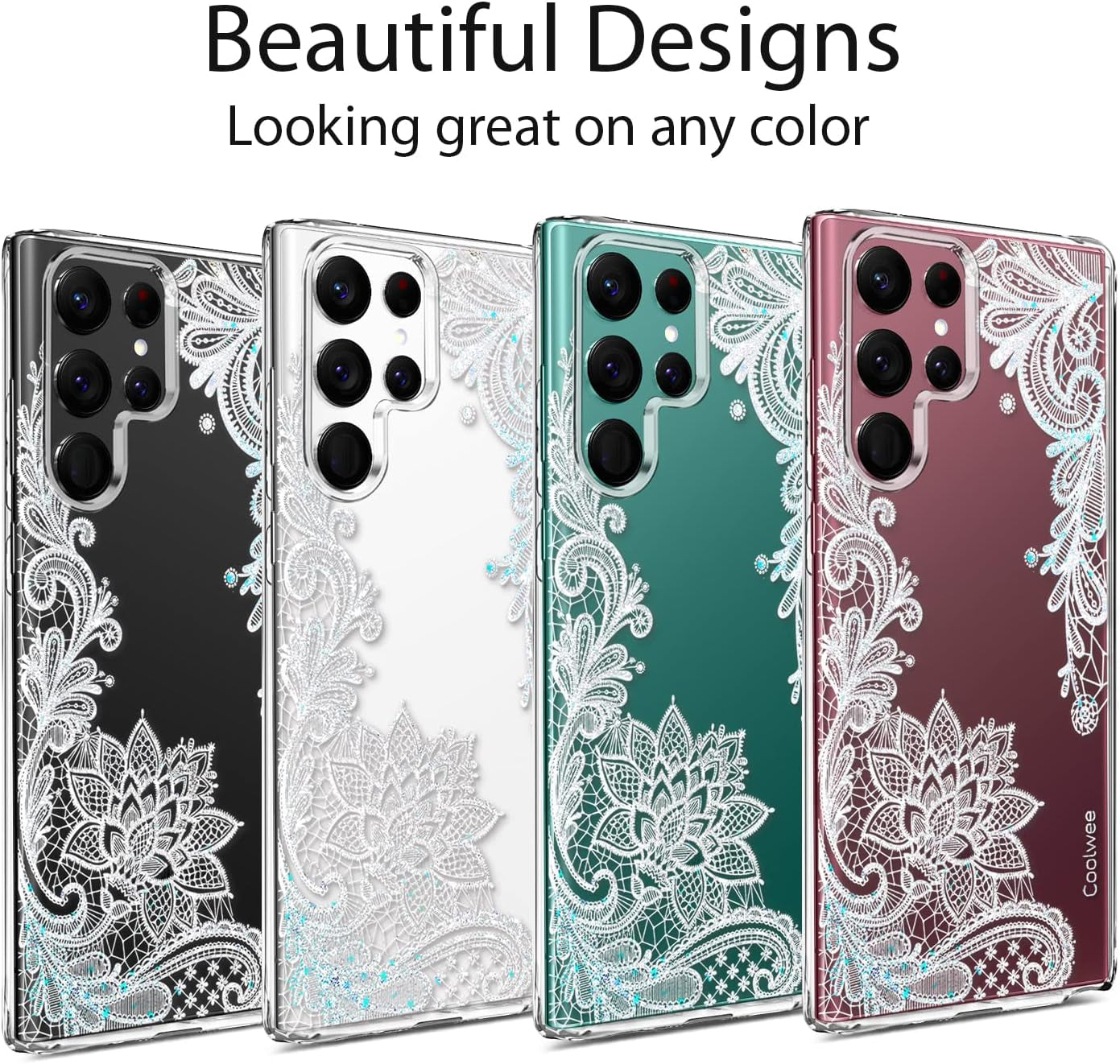 Coolwee Clear Glitter for Galaxy S22 Ultra - 6.8" Thin Flower Slim Cute Crystal Lace Bling Women Girl Floral Plastic Hard Back Soft TPU Bumper Protective Cover for Samsung S22 Ultra Mandala Henna
