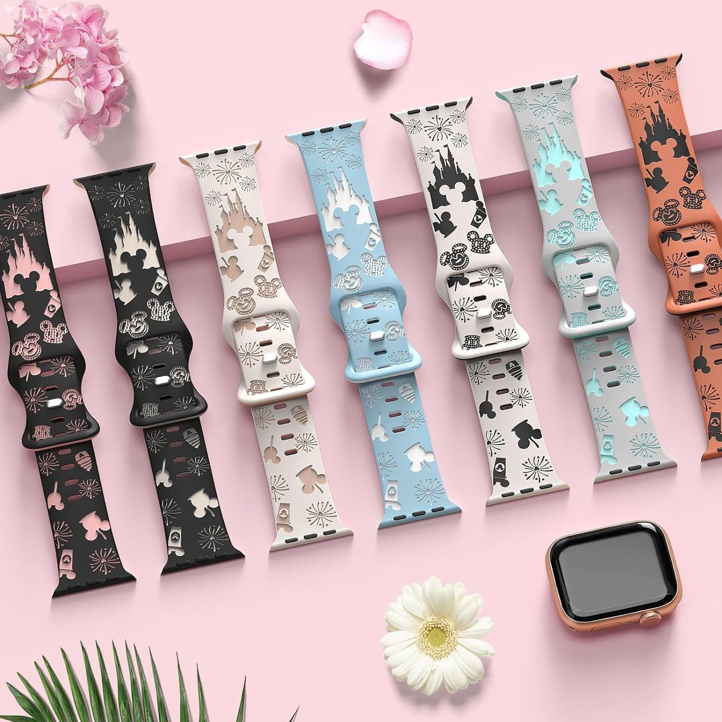 Cartoon Engraved Band Compatible with Apple Watch Bands 40Mm 38Mm 44Mm 45Mm 41Mm 42Mm 49Mm Women, Two-Tone Cute Soft Silicone Sport Strap for Iwatch Series 9/8/SE/7/6/5/4/3/2/1