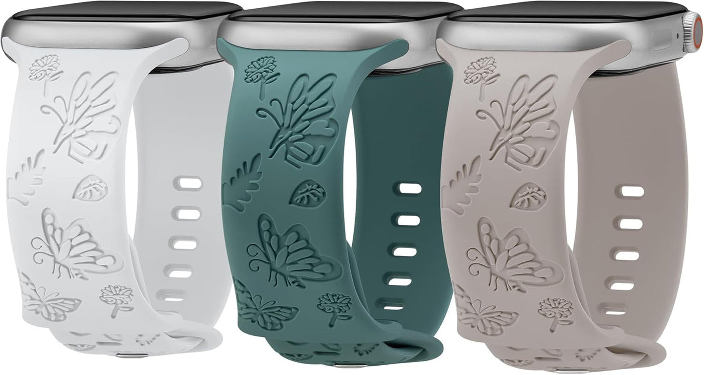 3 Pack Butterfly Floral Engraved Silicone Apple Watch Bands for Women - Soft, Sporty, and Stylish, Fits 38Mm-49Mm Apple Watch/Iwatch Series Ultra/Ultra 2/SE/9/8/7/6/5/4/3/2/1