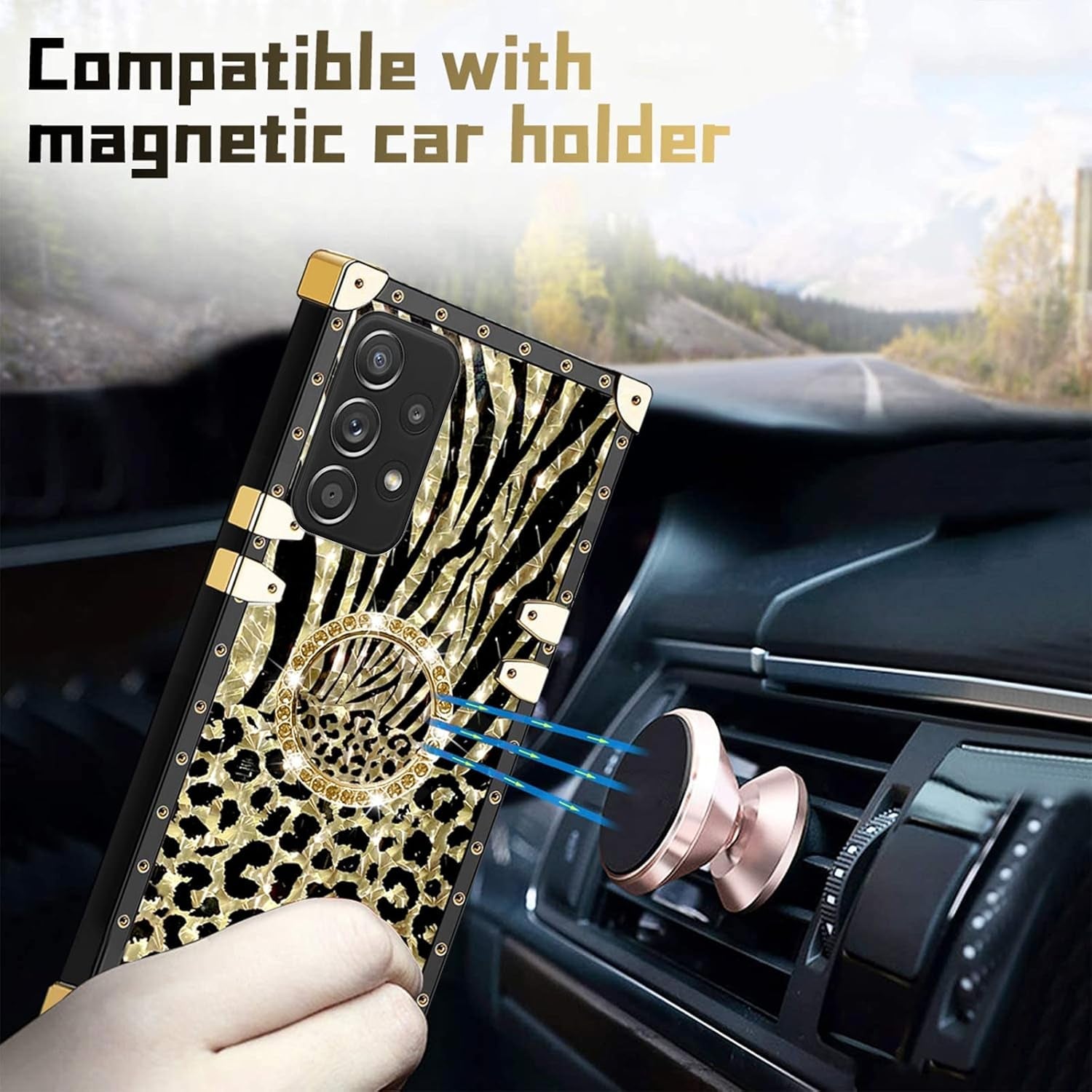 Case for Galaxy A53 5G, for Samsung A53 5G Phone Case with Ring Stand Retro Elegant Luxury Sparkle Leopard Cheetah Print Design Gold Full Protection Square Protective Phone Cover for Girls Women