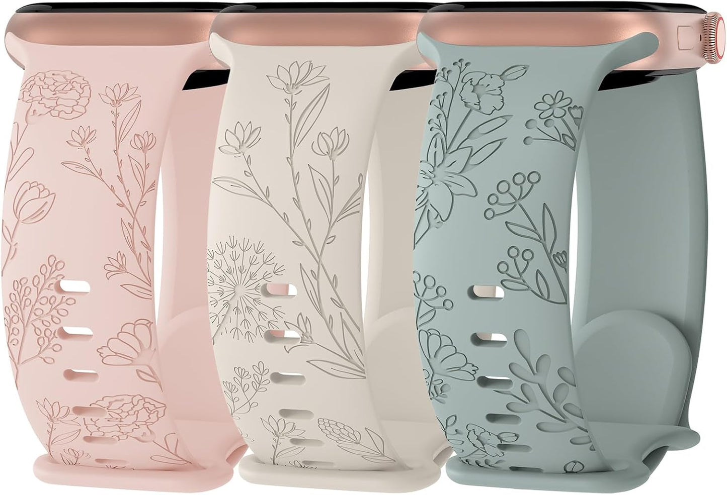 3 Pack Floral Engraved Silicone Bands Compatible with Apple Watch Band 38Mm 40Mm 41Mm 42Mm 44Mm 45Mm 49Mm Women, Soft Sport Wildflower Strap for Iwatch Ultra Series 9 8 SE 7 6 5 4 3 2 1