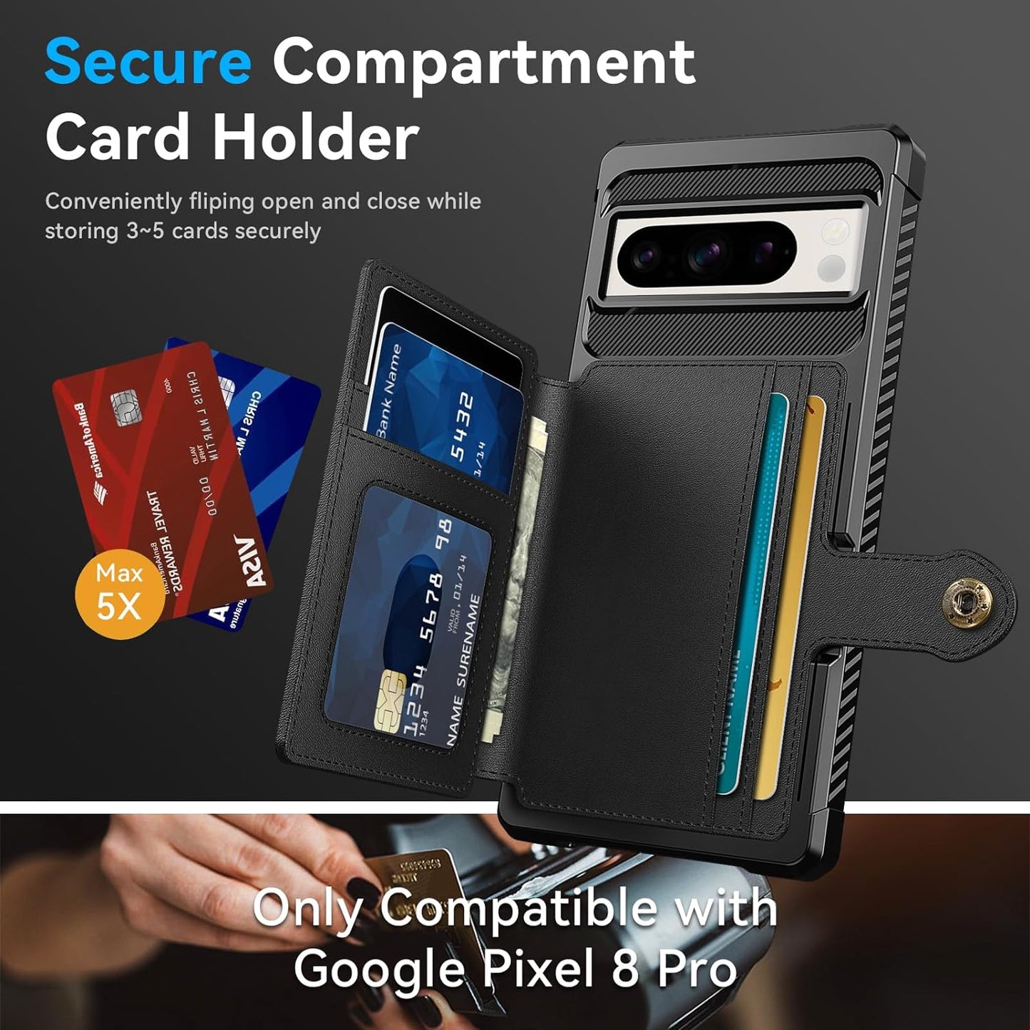 For Google Pixel 8 Pro Case with Card Holder(5 Cards), Google 8 Pro Wallet Case Built-In Kickstand Magnetic Flip Snap Soft TPU+PU Leather Durable Shockproof Case for Google 8 Pro (Black)  GooseBox   