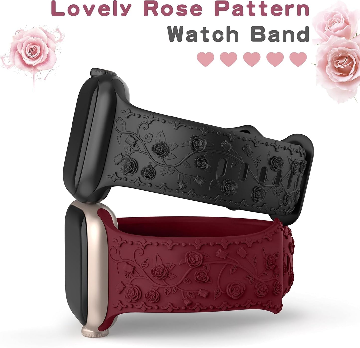 Embossed Flower Band Compatible with Apple Watch Band 40Mm 44Mm 41Mm 38Mm 45Mm 42Mm 49Mm Women,Cute Rose Engraved Strap Soft Silicone Wristbands for Iwatch Series 9 8 7 6 SE 5 4 3 2 1 Ultra