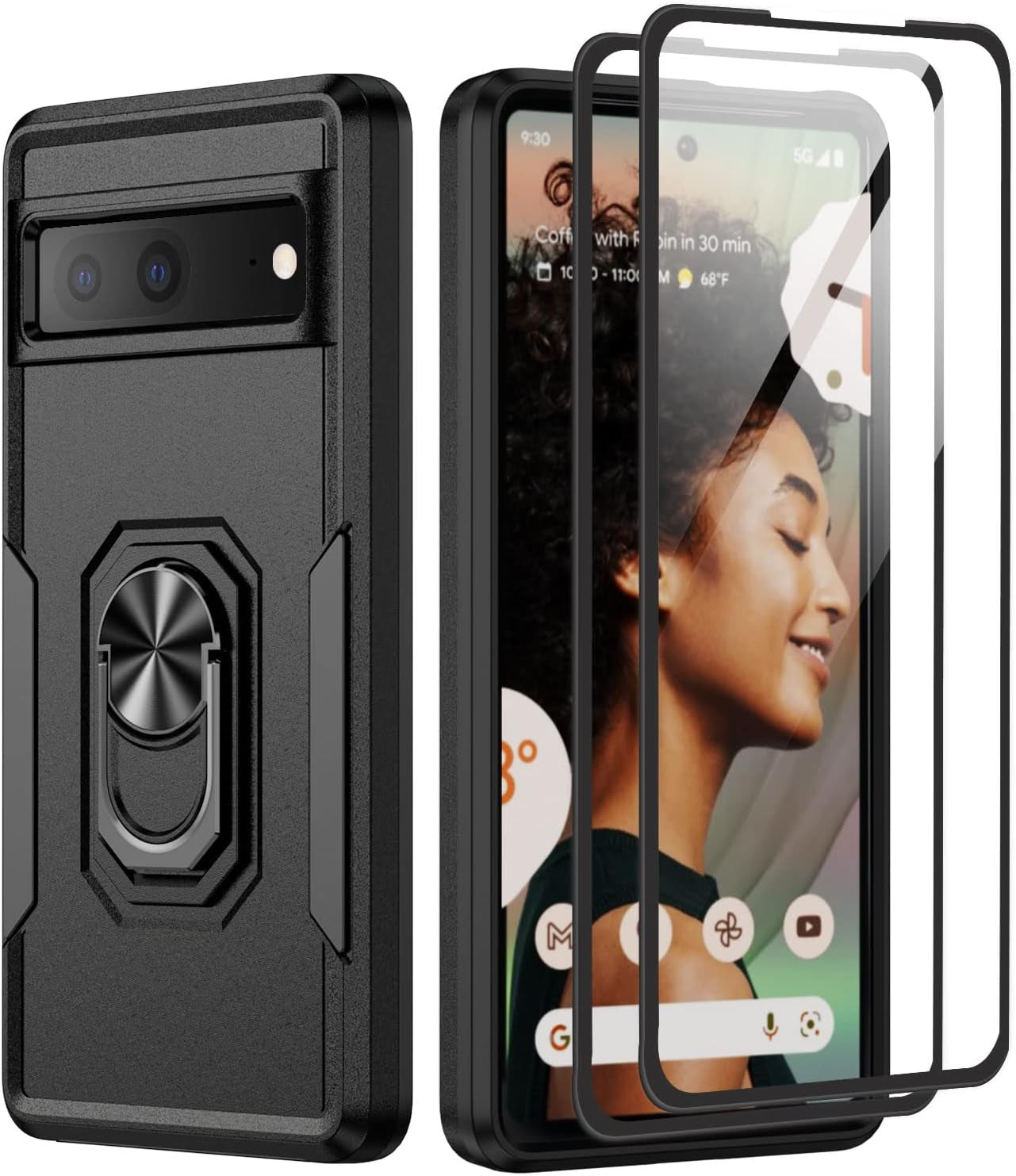 For Google Pixel 6A 5G Case with Screen Protector, Military Grade Dual Layer Heavy Duty Shockproof Full Body Protective Phone Cover, Built in Rotatable Magnetic Ring Holder for 6A (Black)  Niecase Black  