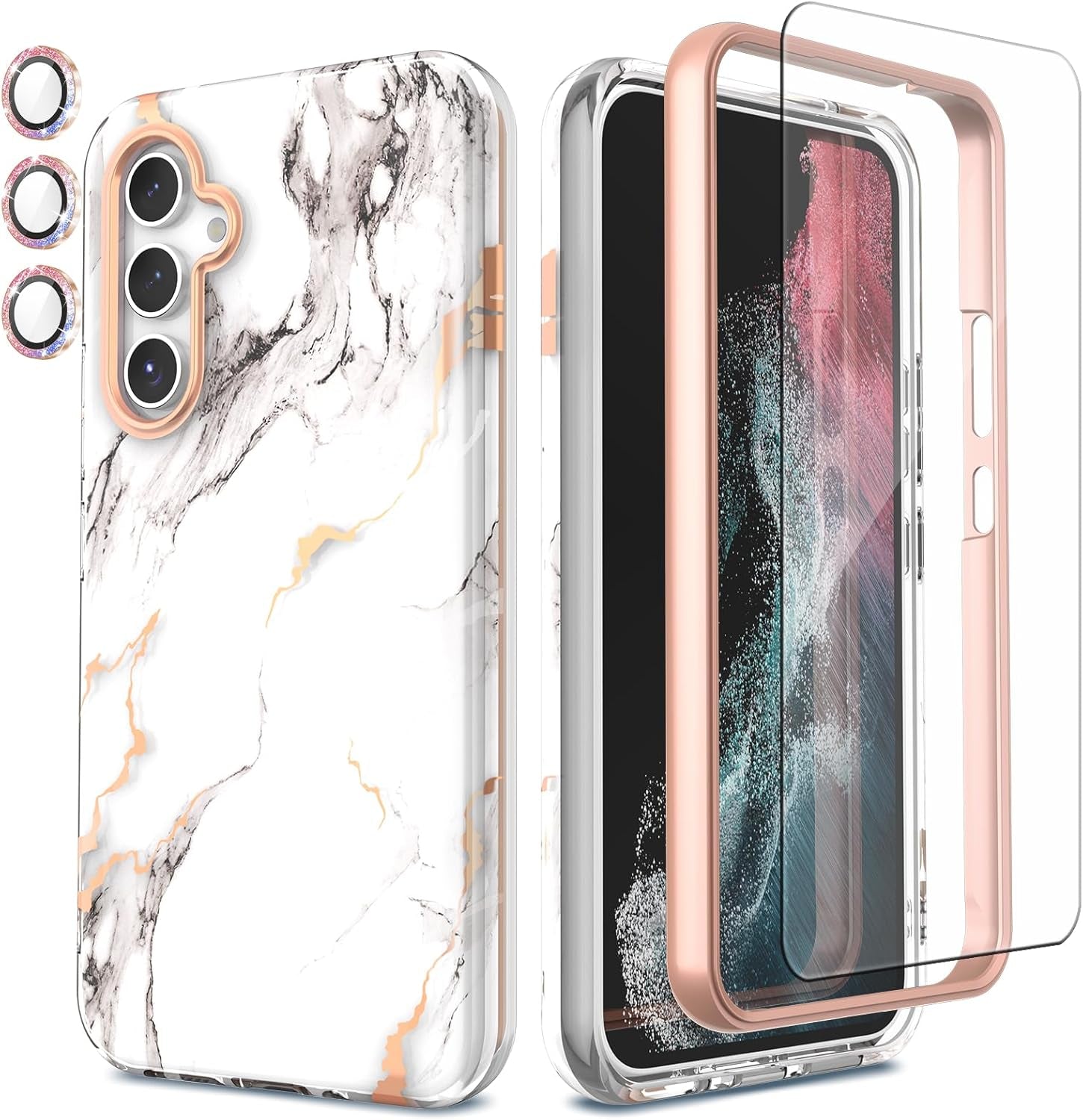 Case Compatible with Samsung Galaxy A53 5G (2022 Released), Marble Stylish Slim Soft TPU, Full Body Protective with Built-In Screen Protector, Shockproof Cover for A53, Black & Pink