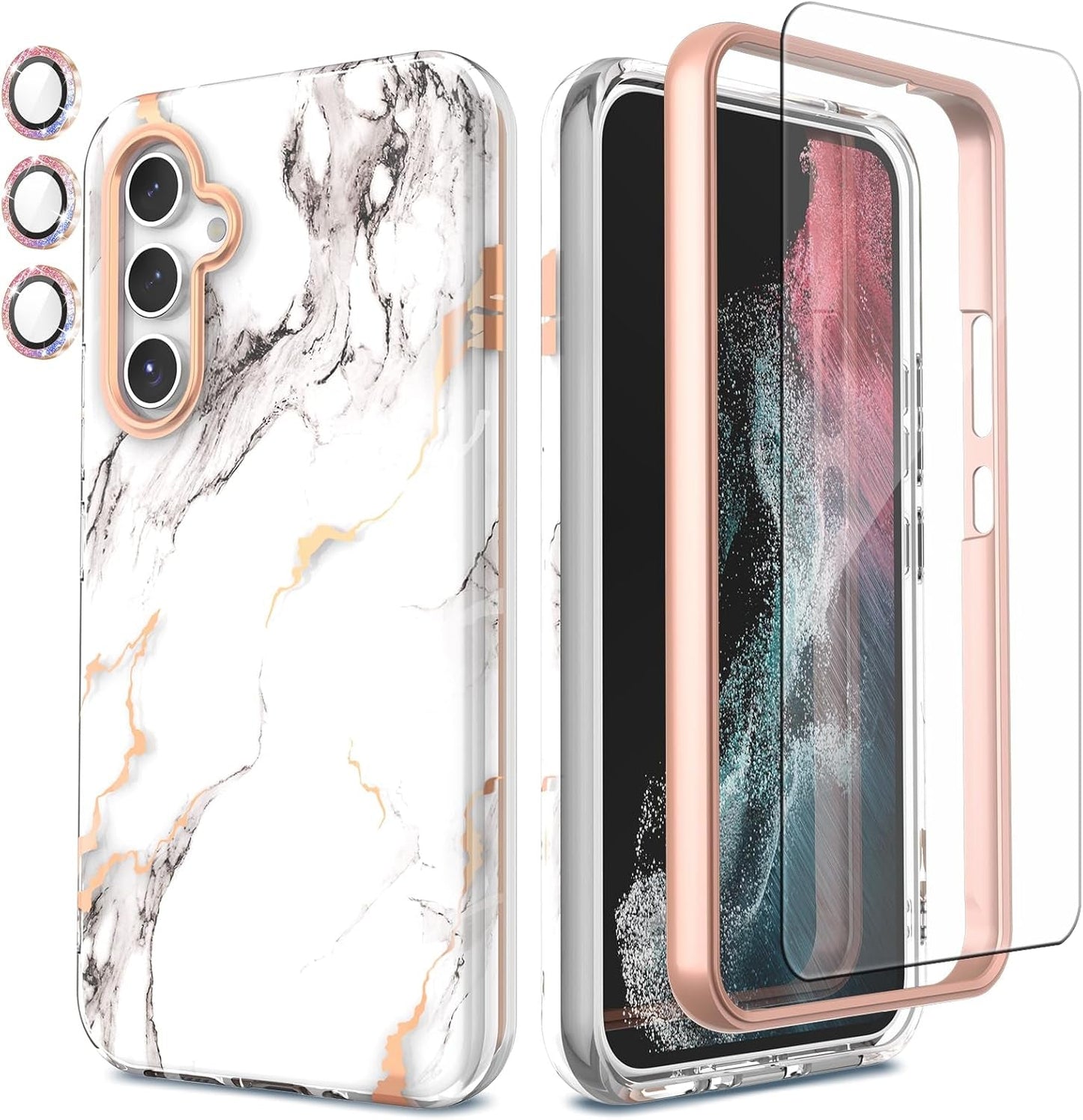 Case Compatible with Samsung Galaxy A53 5G (2022 Released), Marble Stylish Slim Soft TPU, Full Body Protective with Built-In Screen Protector, Shockproof Cover for A53, Black & Pink