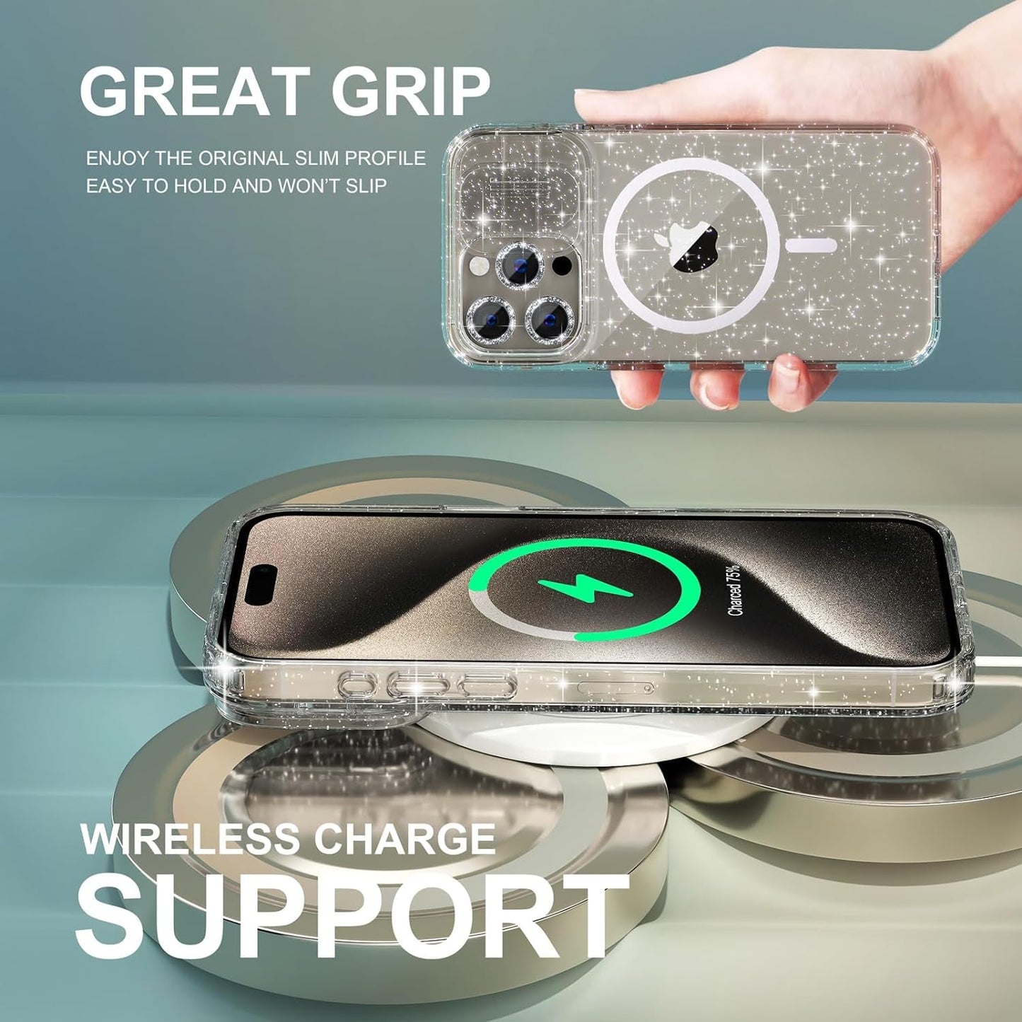 Choiche Magnetic Case for Iphone 15 Pro Case, Women Clear Glitter Sparkly Case, [Slide Camera Cover & 3 Diamond Camera Lens Protectors & 2 Screen Protectors] [Compatible Magsafe] (Glitter Clear)  Choiche   