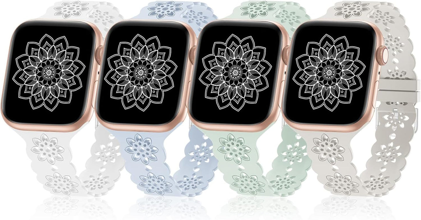 4 Pack Slim Silicone Bands Compatible with Apple Watch Band 40Mm 38Mm 41Mm 44Mm 45Mm 42Mm 49Mm Women Men, Lace Breathable Sport Strap for Iwatch Bands SE Series 9/8/7/6/5/4/3/2/1 Ultra 2/1