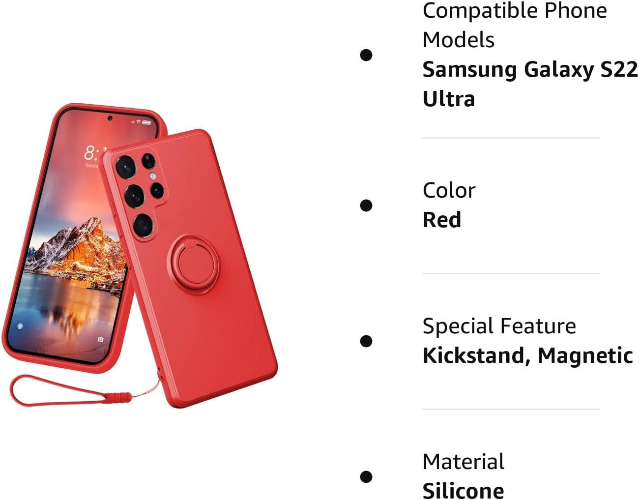Case Compatible with Samsung Galaxy S22 Ultra（5G 2022 Released）, Silicone with Ring 360°Rotatable Kickstand Case Support Magnetic Car Mount，Protective Cover with Strap (Red)