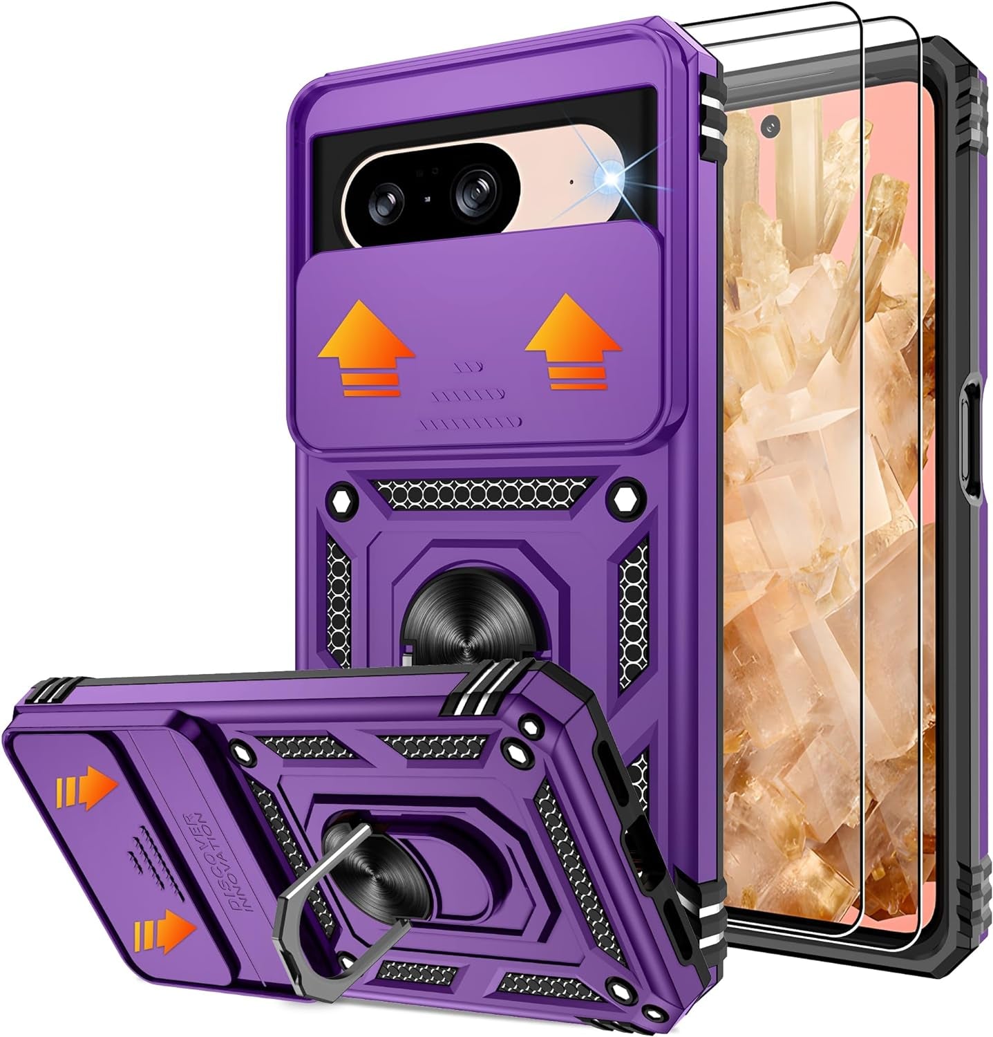 Fit for Google Pixel 8 5G Case with Screen Protector (2 Pack) & Slide Camera Cover, Build in 360° Magnetic Rotating Ring Kickstand [Military Grade] Protective Case for Pixel 8 Case, Green  Gritup Purple Google Pixel 8 6.2" 