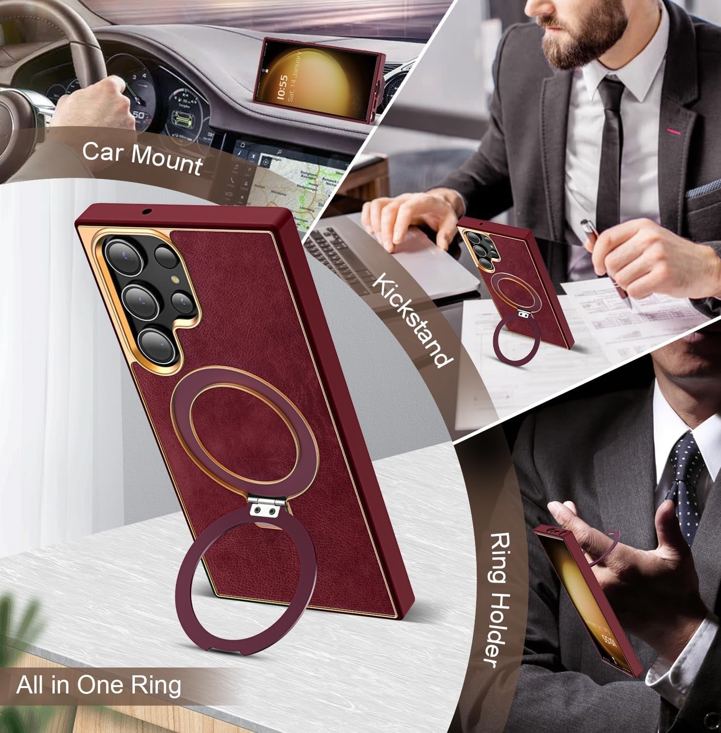 Designed for Samsung Galaxy S22 plus Case with Magnetic O-Ring Stand Leather Luxury Business Phone Cases for S22 plus 6.6" Compatible with Magsafe [Military Grade Protection],Red