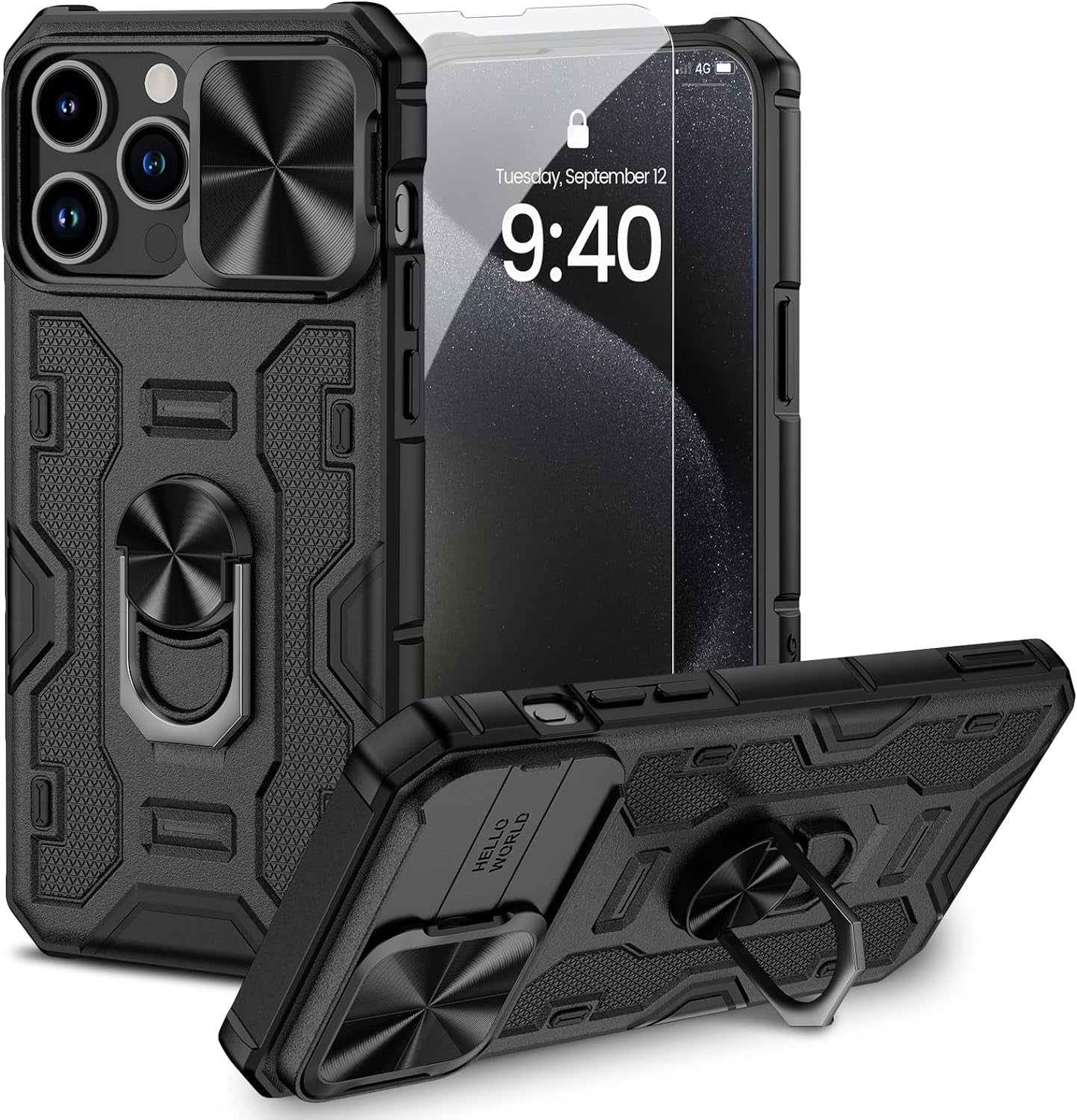 NULETO for Iphone 15 Pro Max Stand Case with Rotatable Kickstand [Ring Holder] and Slid Camera Cover, 15 Pro Max Phone Case with Screen Protector and Magnetic Magnet for Iphone 15 Promax 6.7, Grey  NULETO Black  