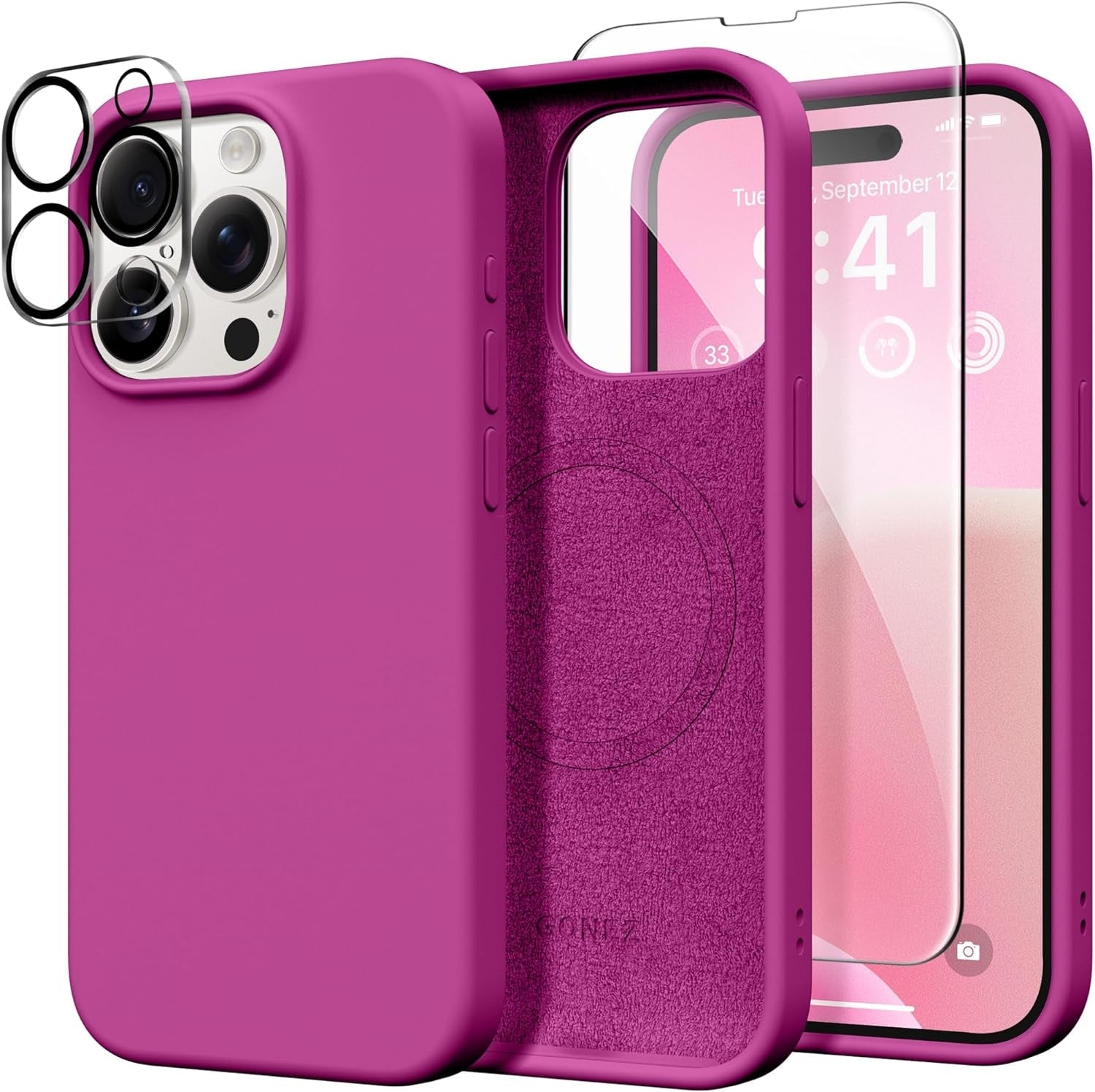 GONEZ for Iphone 15 Pro Case Compatible with Magsafe, [2X Screen Protector + 2X Camera Lens Protector], Soft Silicone Shockproof Anti-Scratch Full Body Protective Phone Case 6.1" 2023, Dark Grey  GONEZ Shocking Pink  