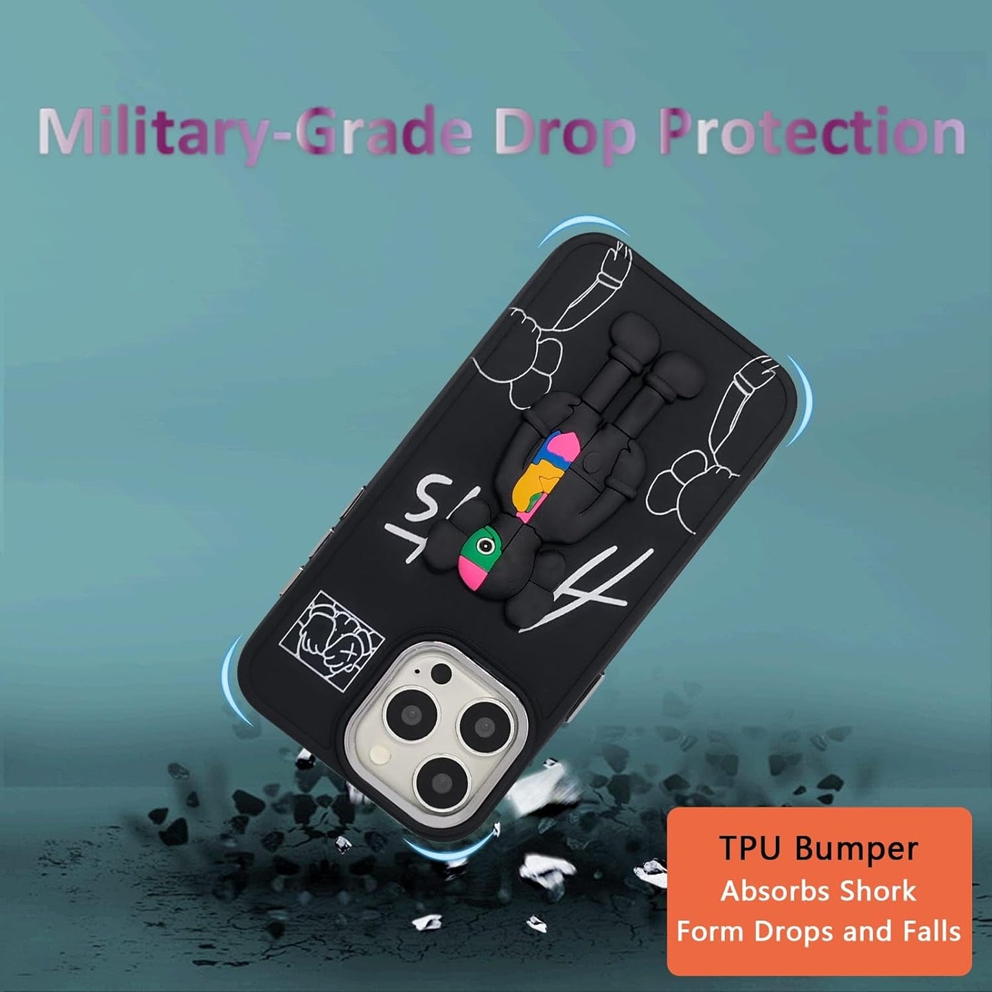 DOWINTIGER Compatible with Iphone 15 Pro Max Case Street Fashion Designer for Boys Men Kids Teen, Cool Anime 3D Cartoon Shockproof TPU Protection Cover Black  DOWINTIGER   