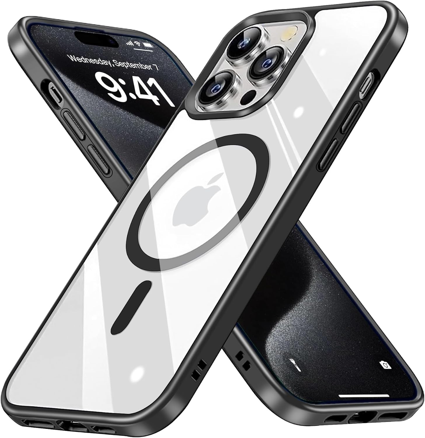 BAICHUANG Clear Magnetic for Iphone 15 Pro Case, Compatible with Magsafe, [Not Yellowing] [Military Grade Protection] Slim Transparent Silicone Anti-Scratch Shockproof Phone Case, Black  BAICHUANG   