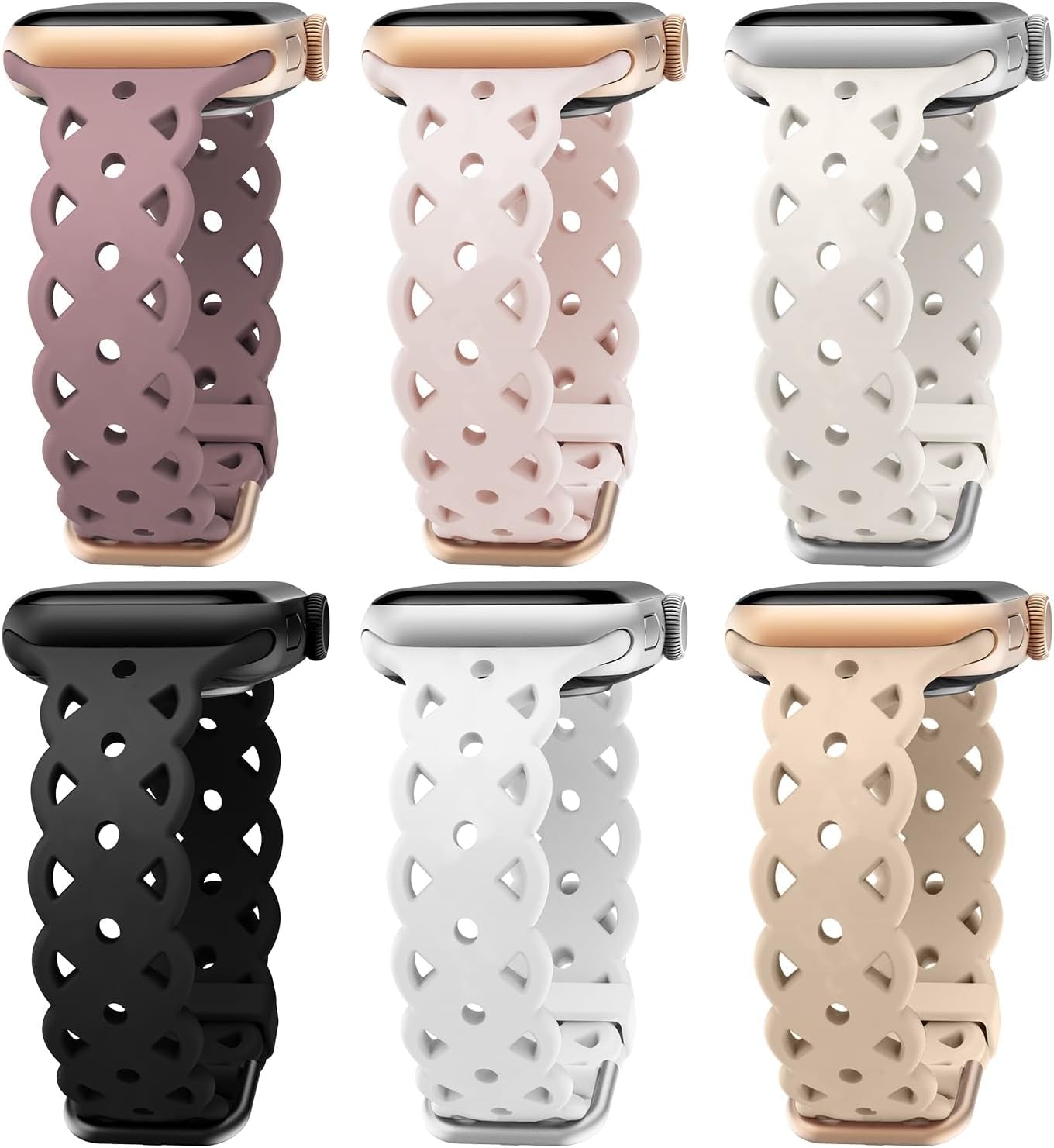 6-Pack Lace Silicone Bands Compatible with Apple Watch Bands 38Mm 40Mm 41Mm Women, Floral Engraved Cute Silicone Strap for Iwatch Series 9 8 7 6 5 4 3 2 1 Ultra SE