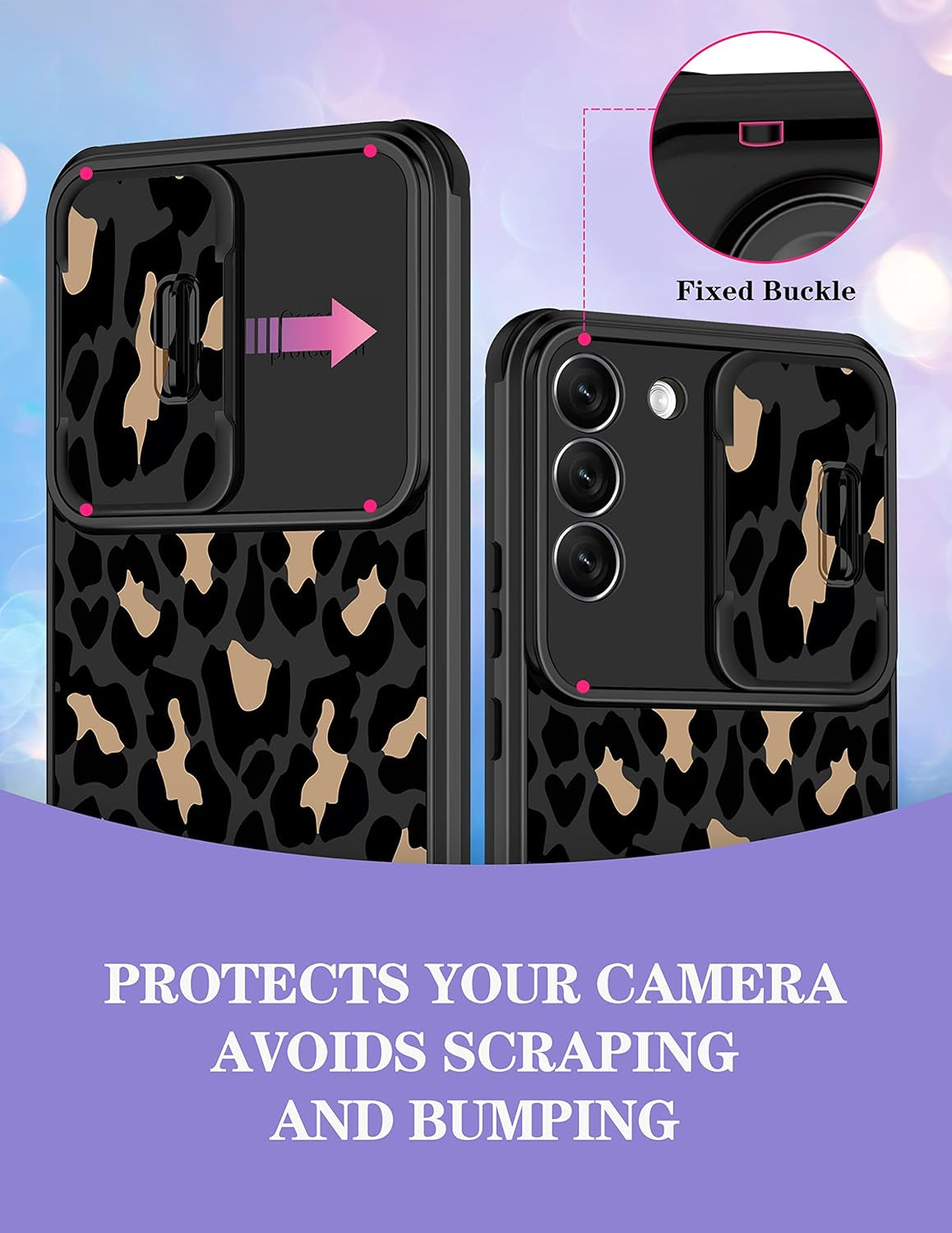 Goocrux for Samsung Galaxy S22 plus Case Leopard for Girls Women Cheetah Print Phone Cover Cute Black Animal Fashion Design with Slide Camera Cover Aesthetic Girly Cases for Galaxy S22 plus 5G 6.6''