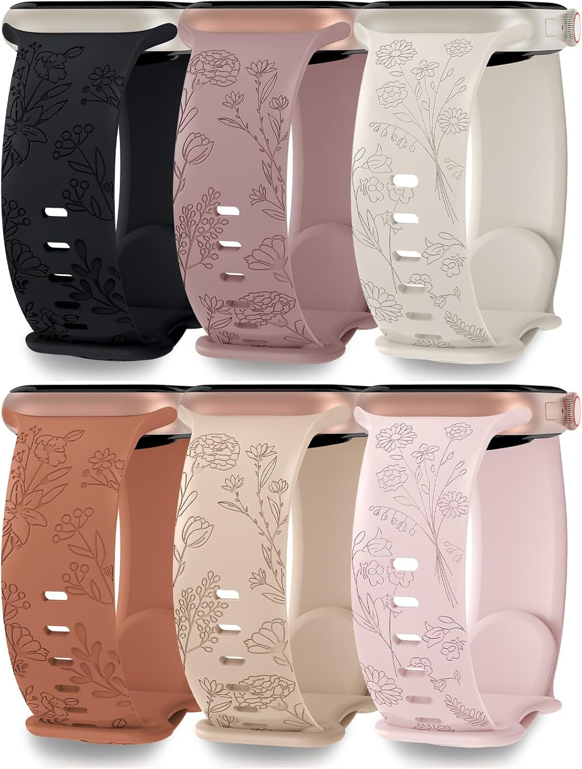 6 Pack Floral Engraved Compatible for Apple Watch Band 38Mm 40Mm 41Mm 42Mm 44Mm 45Mm 49Mm Women, Soft Silicone Cute Flower Sport Strap for Iwatch Bands Series 9 8 7 SE 6 5 4 3 2 1 Ultra