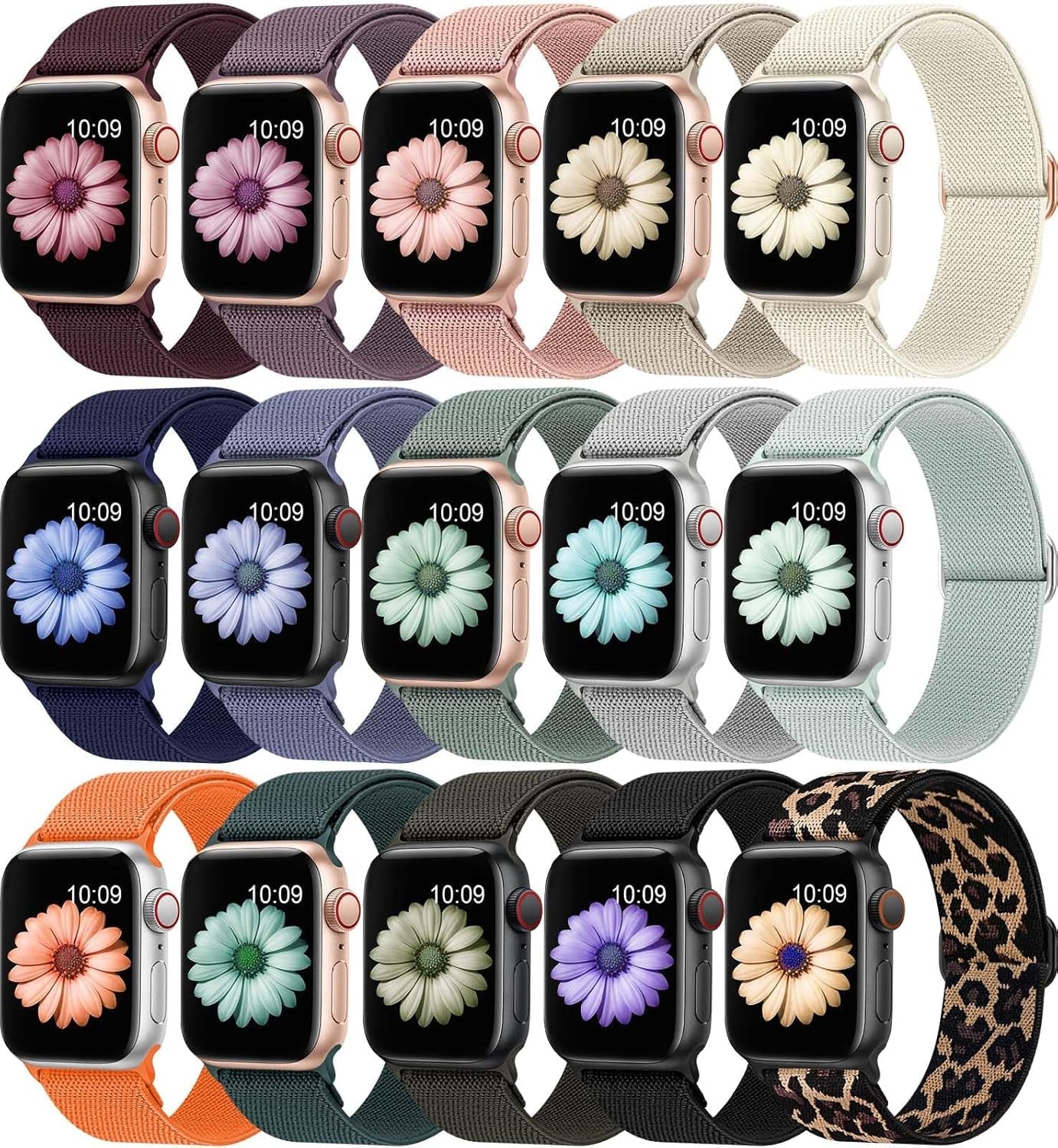 15 Pack Stretchy Sport Loop Compatible with Apple Watch Bands 40Mm 44Mm 41Mm 45Mm 38Mm 42Mm 49Mm Women Men,Elastic Nylon Replacement Straps Wristbands for Series Ultra SE 9 8 7 6 5 4 3 2 1