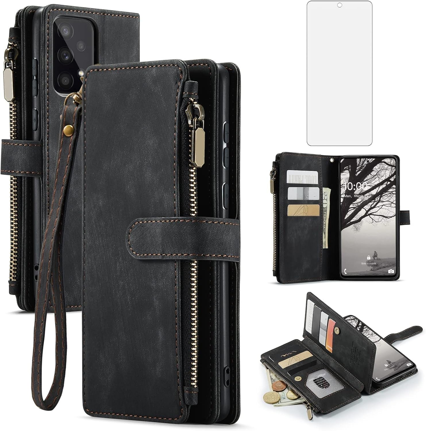 Asuwish Phone Case for Samsung Galaxy A53 5G 2022 Wallet Cover and Tempered Glass Screen Protector Leather Flip Credit Card Holder Cell Accessories Gaxaly A53 G5 Galaxies 53A SM A536U Women Men Black