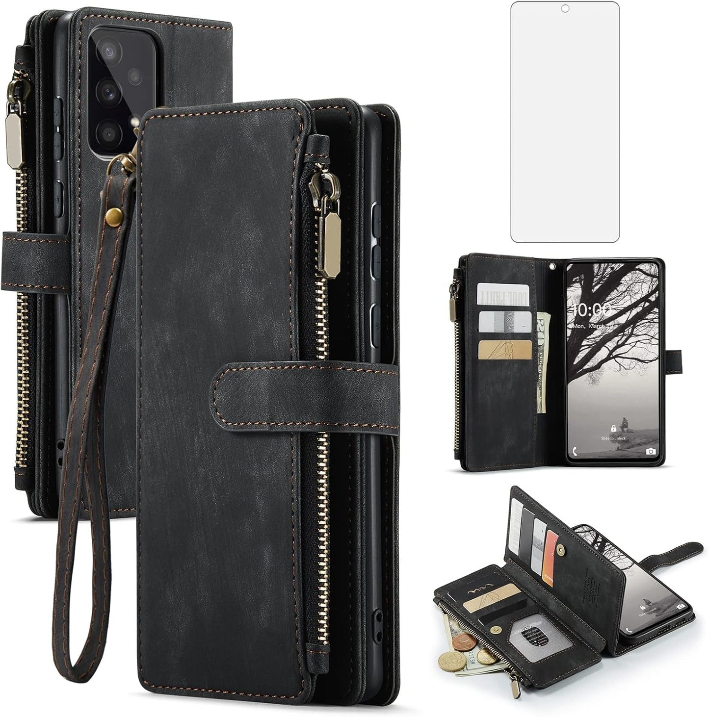 Asuwish Phone Case for Samsung Galaxy A53 5G 2022 Wallet Cover and Tempered Glass Screen Protector Leather Flip Credit Card Holder Cell Accessories Gaxaly A53 G5 Galaxies 53A SM A536U Women Men Black