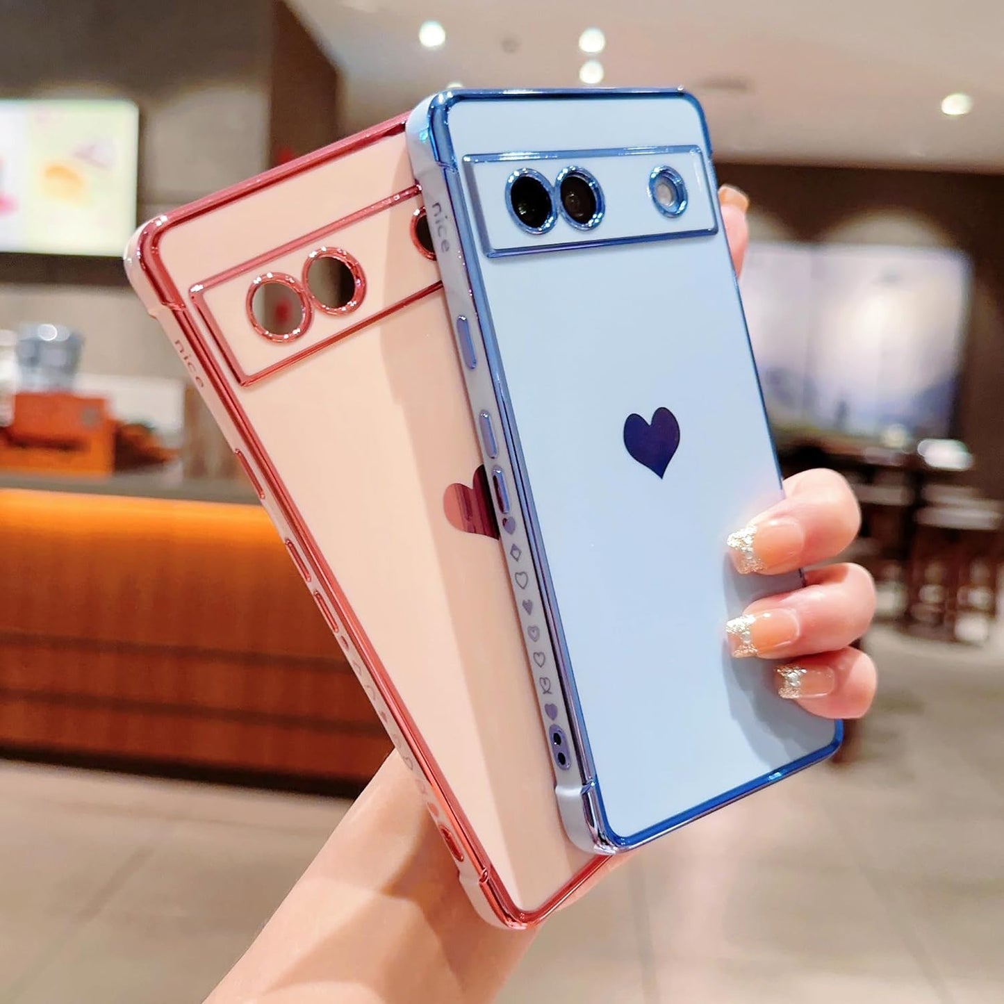 Phylla Compatible with Google Pixel 7A 6.1” 5G Phone Case Luxury Plating Cute Love Heart Side Small Pattern Case Full Camera Protection Soft Silicone Shockproof Bumper Cover (Blue)  PHYLLA   