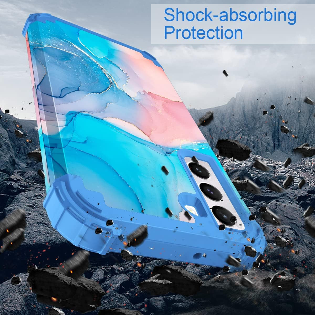 Fingic Galaxy S22 Case,Samsung Galaxy S22 Case Marble 3 in 1 Heavy Duty Protection Hybrid Hard PC Soft Silicone Rugged Bumper Case for Women Men Non-Slip Slim Phone Case for Samsung Galaxy S22,Blue