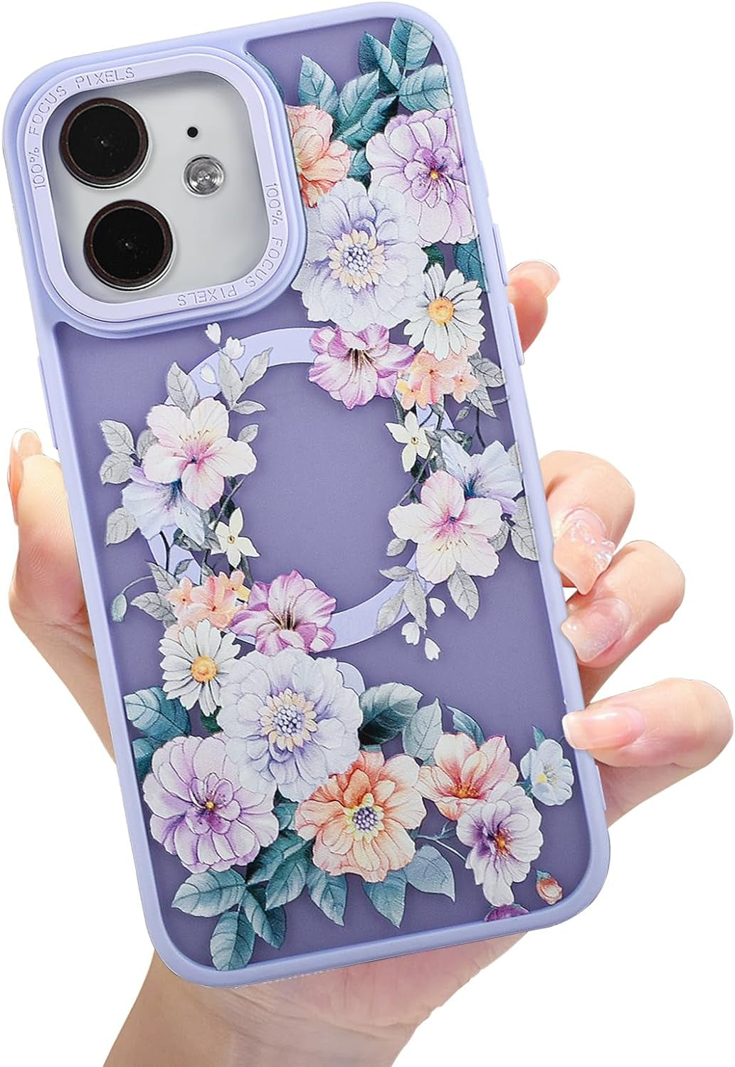 Eiyikof Compatible with Iphone 15 Pro Magnetic Matte Translucent Case [Luxury Shockproof Magsafe Case] [Cute Flower Pattern Hard Back Cover] Iphone 15 Pro Case for Women Girls-Purple Floral  Eiyikof   