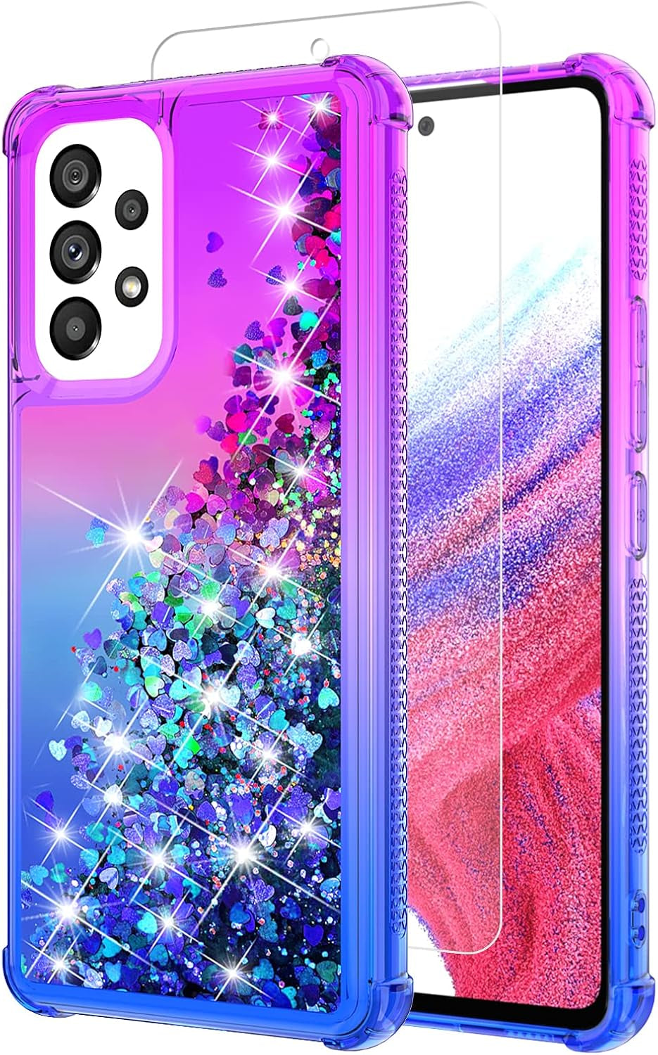 For Galaxy A53 Case,Samsung A53 5G Case with HD Screen Protector,Gradient Quicksand Glitter Liquid Floating Waterfall Durable Girls Cute Phone Case for Samsung Galaxy A53 5G (Teal/Purple)