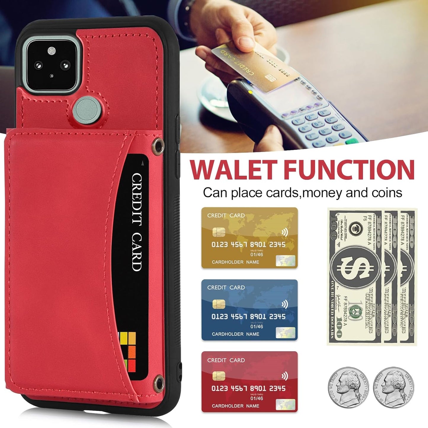 Asuwish Phone Case for Google Pixel 5 Wallet Cover with Tempered Glass Screen Protector and PU Leather Credit Card Holder Stand Rugged Mobile TPU Cell Accessories Pixel5 5G Pixle Five G5 Women Men Red  Asuwish   