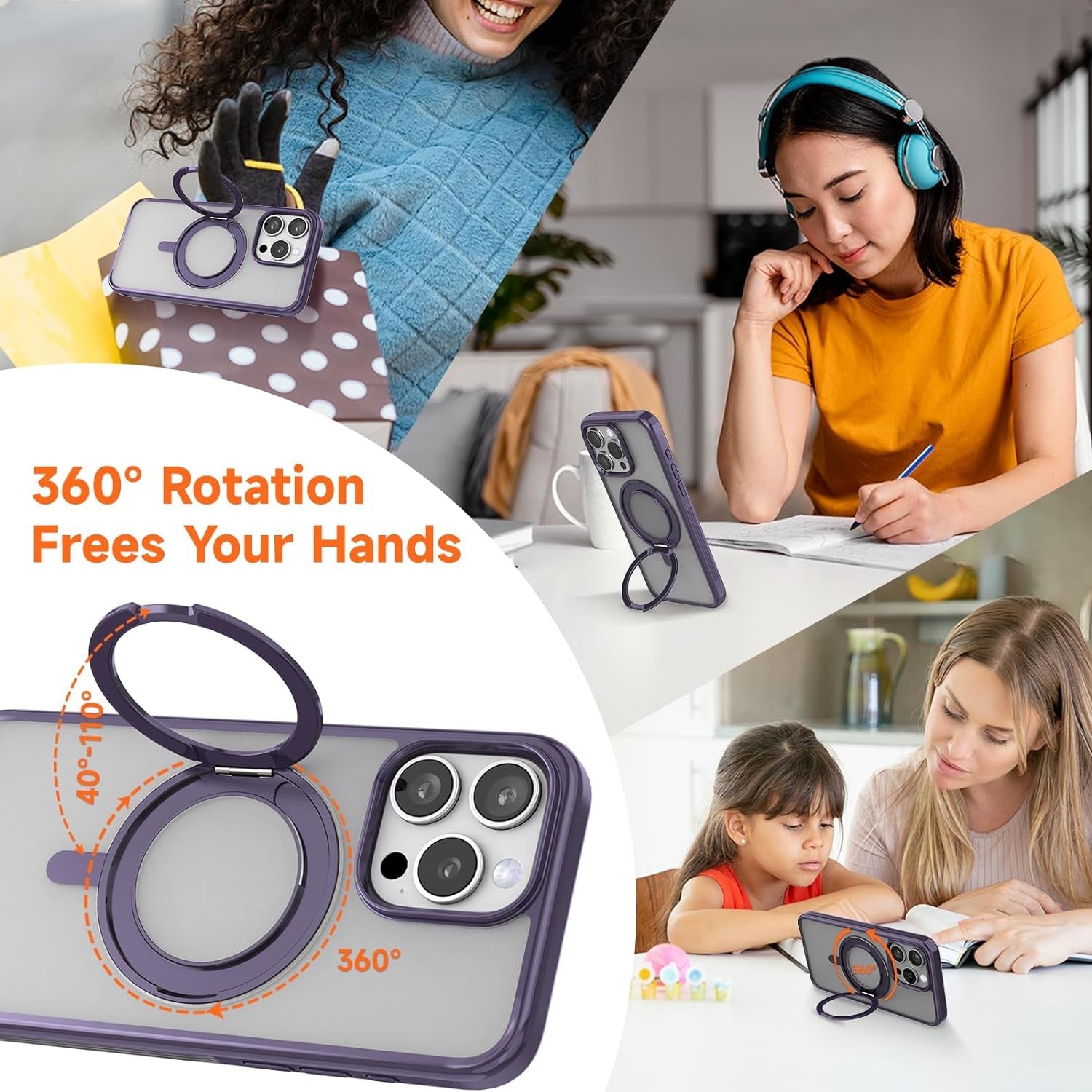 Magnetic for Iphone 15 Pro Max Case Purple with 360° Rotatable Invisible Ring Stand Designed，Compatible with Magsafe ，Translucent Matte Purple Bumper Shockproof Decompress Slim Military Grade Case  Vongong   