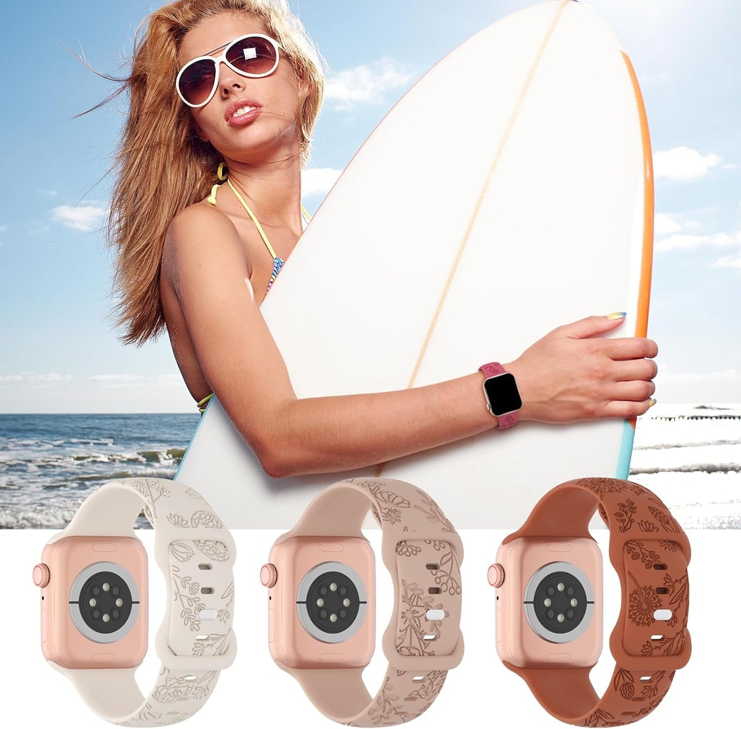 3 Pack Floral Engraved Silicone Bands Compatible with Apple Watch Band 38Mm 40Mm 41Mm 42Mm 44Mm 45Mm 49Mm Women, Soft Sport Wildflower Strap for Iwatch Ultra Series 9 8 SE 7 6 5 4 3 2 1