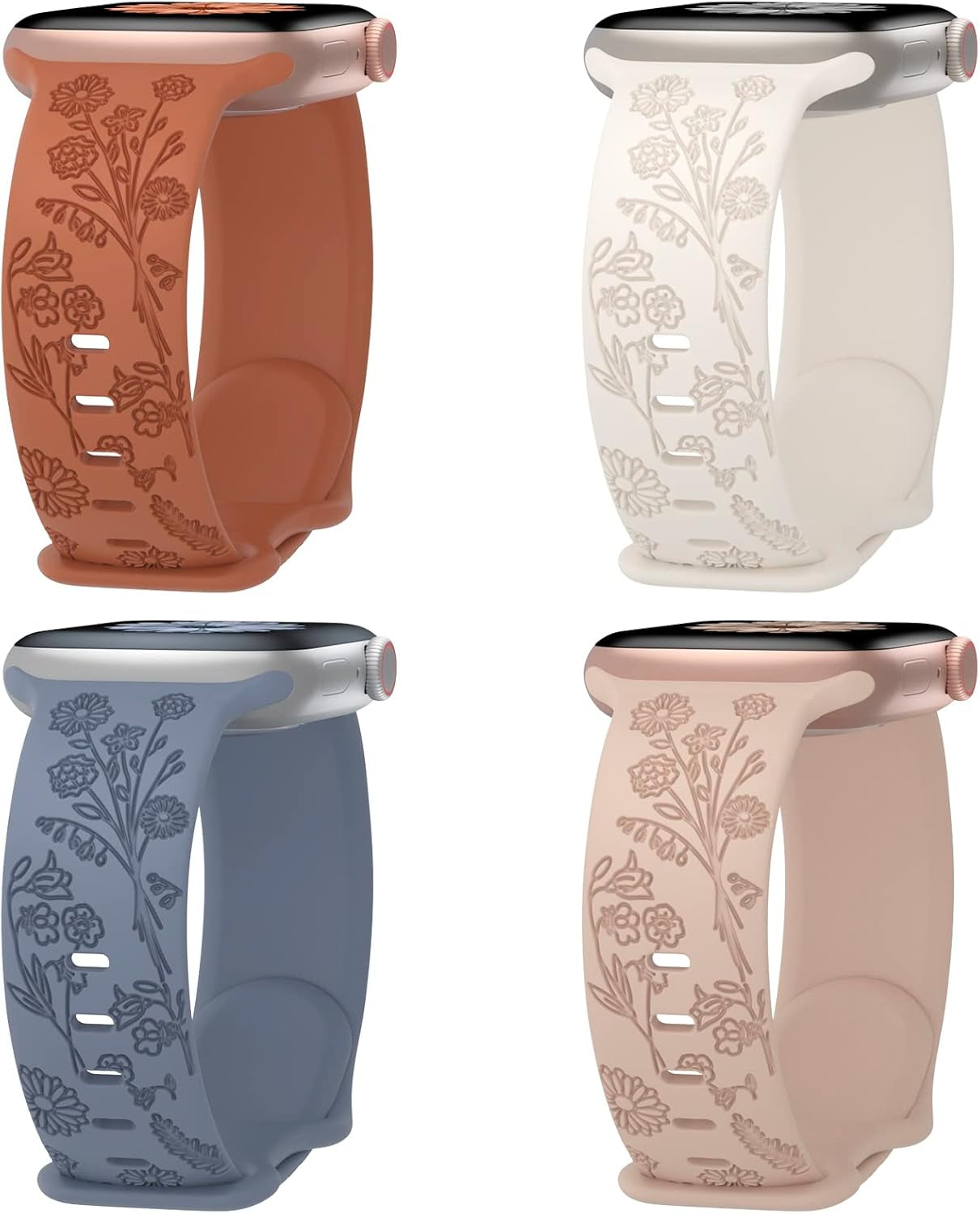 4 Pack Flower Engraved Silicone Band Compatible with Apple Watch Band 38Mm 40Mm 41Mm 42Mm 44Mm 45Mm 49Mm, Women Soft Floral Strap Sport Wristbands for Iwatch Series 9/8/7/6/5/4/3/2/1/Se/Ultra